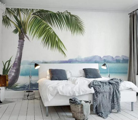 3D Watercolor Beach Palm Island Wall Mural Removable 106- Jess Art Decoration