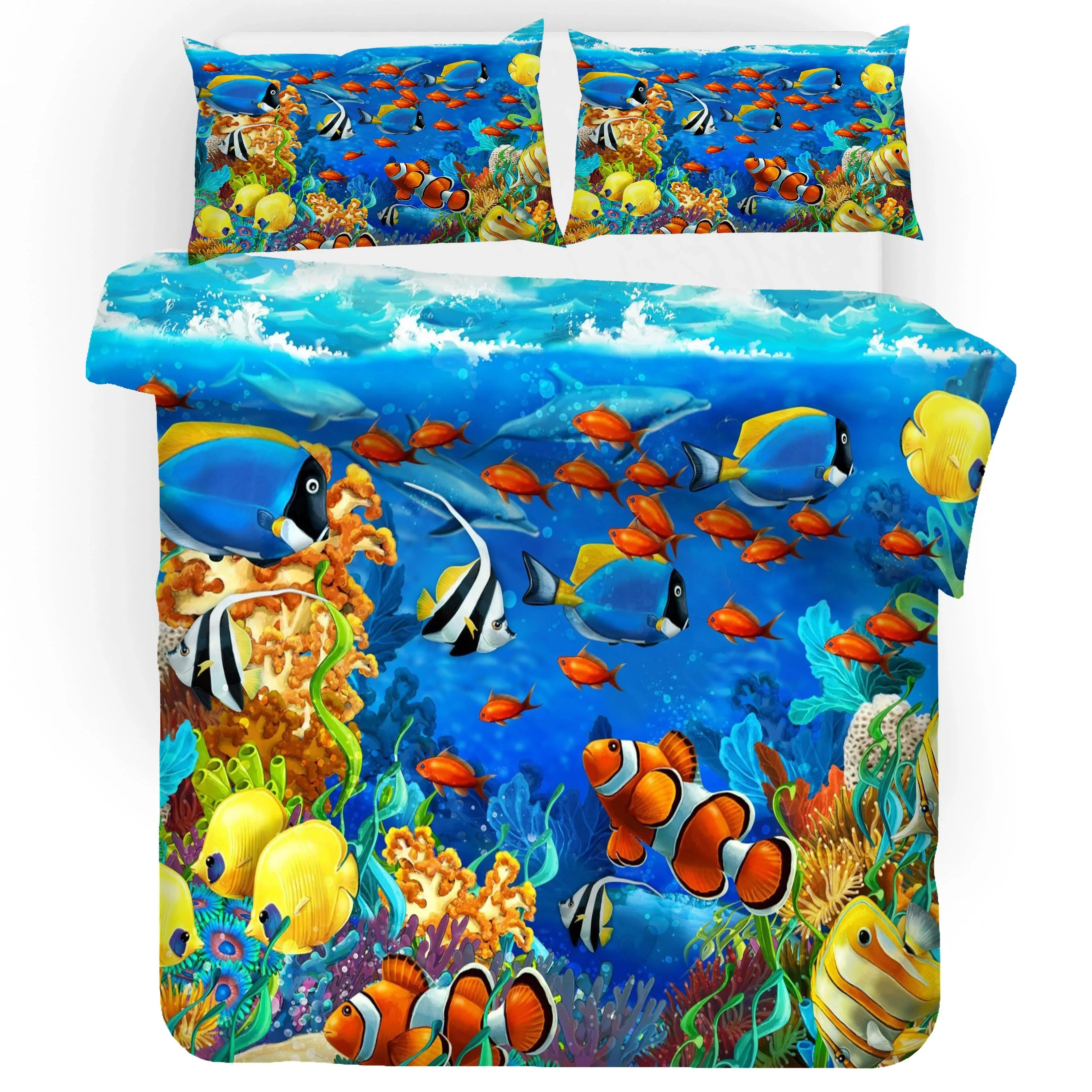 3D Blue Seabed Ocean Fish Quilt Cover Set Bedding Set Pillowcases 61- Jess Art Decoration