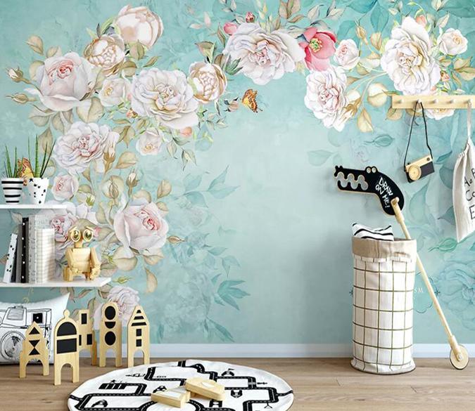 3D Partysu Bloomy Bluish Floral Wall Mural Removable 116- Jess Art Decoration