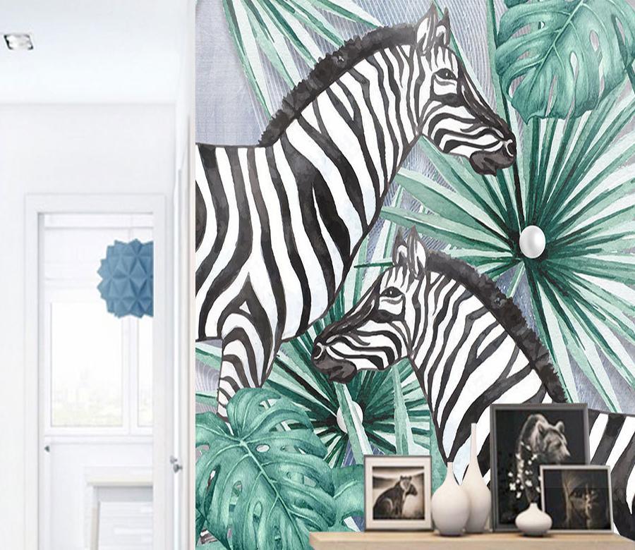 3D Zebra Tropical Leaves Wall Murals 257- Jess Art Decoration