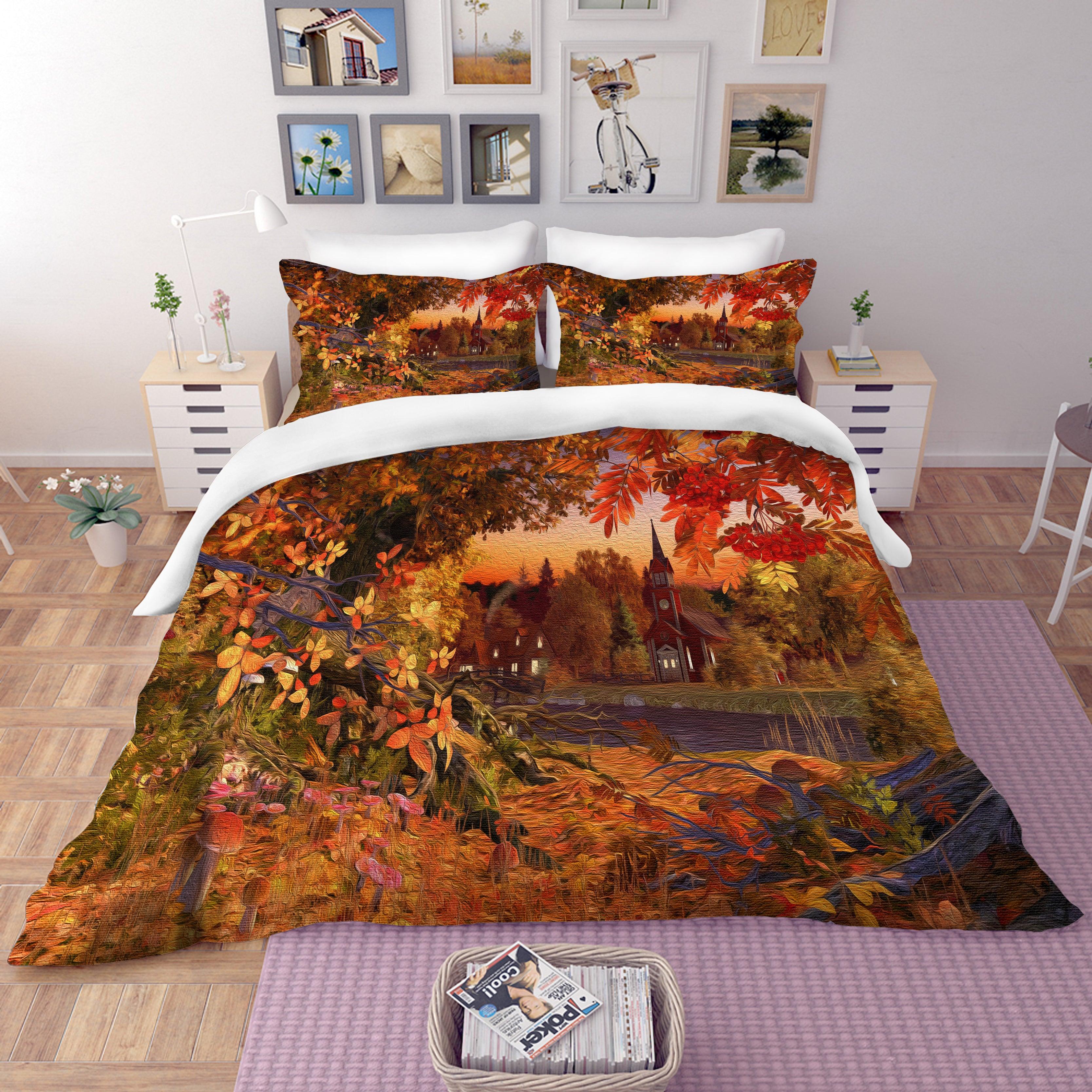 3D Autumn Maple Forest Quilt Cover Set Bedding Set Pillowcases 87- Jess Art Decoration