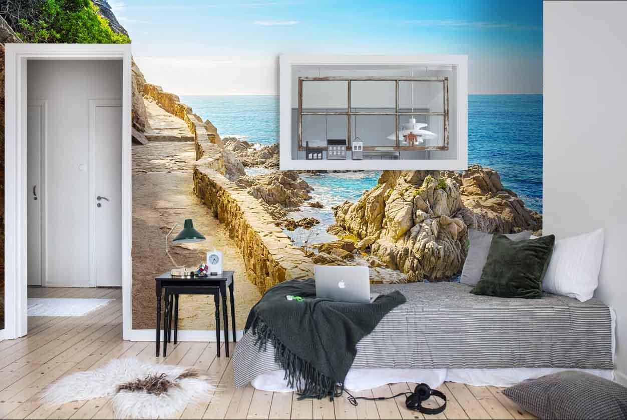3D Blue Sea Seaside Path Wall Mural Wallpaper  139- Jess Art Decoration