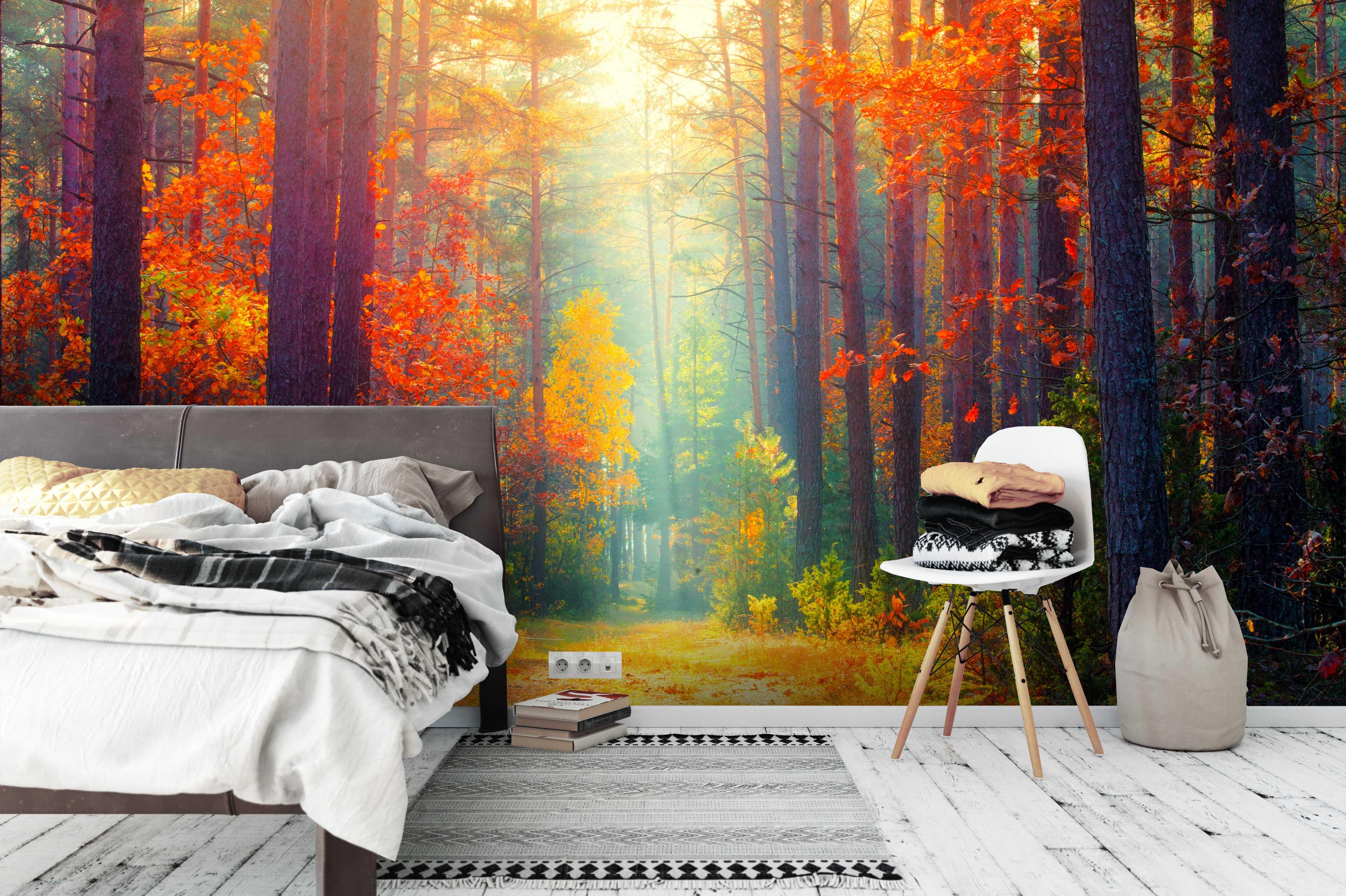 3D Primitive Forest Red Leaves Wall Mural Wallpaper   186- Jess Art Decoration