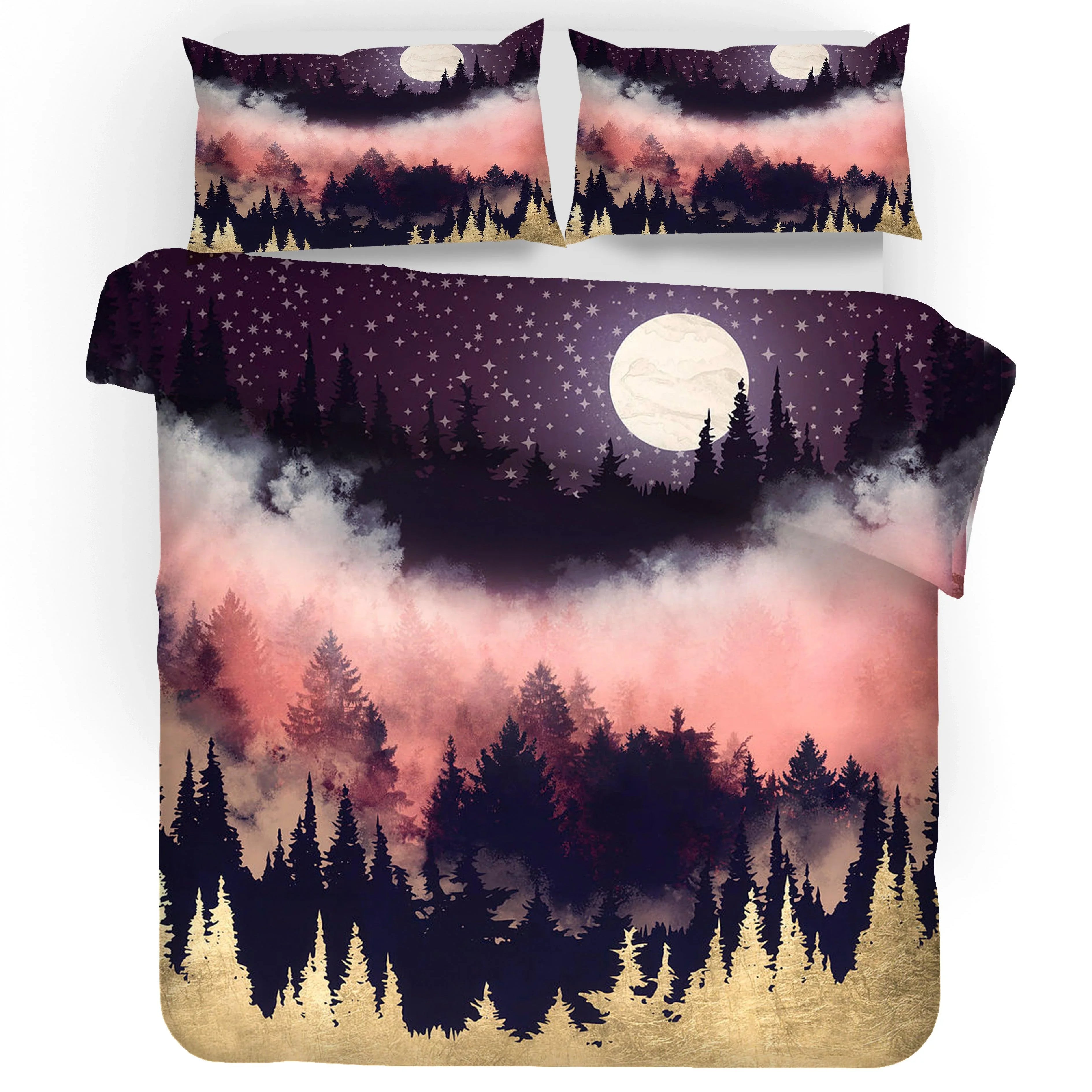 3D Red Black Golden Forest Moon Star Quilt Cover Set Bedding Set Pillowcases 104- Jess Art Decoration