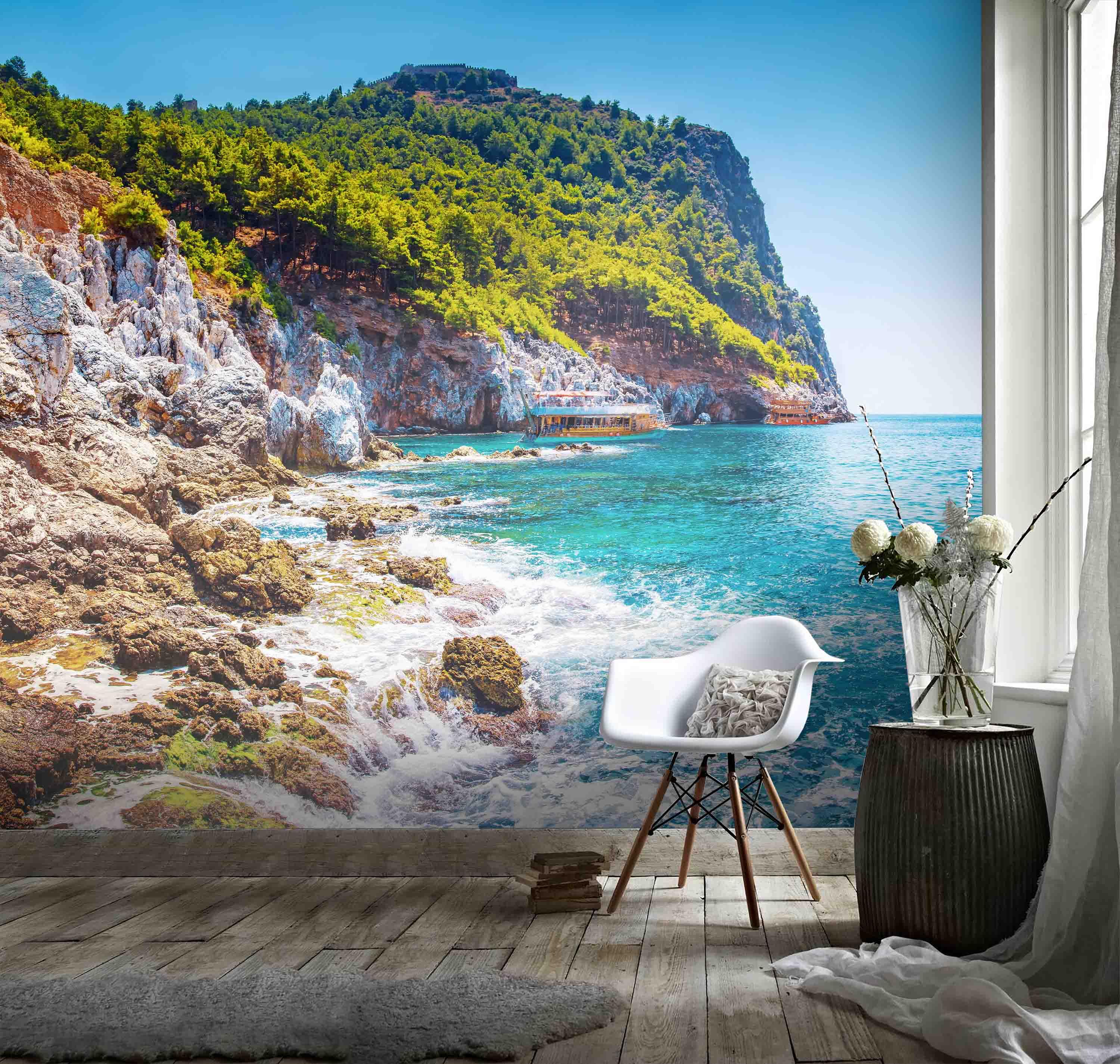 3D Blue Sky Sea Cliff Forest  Wall Mural Wallpaper 145- Jess Art Decoration