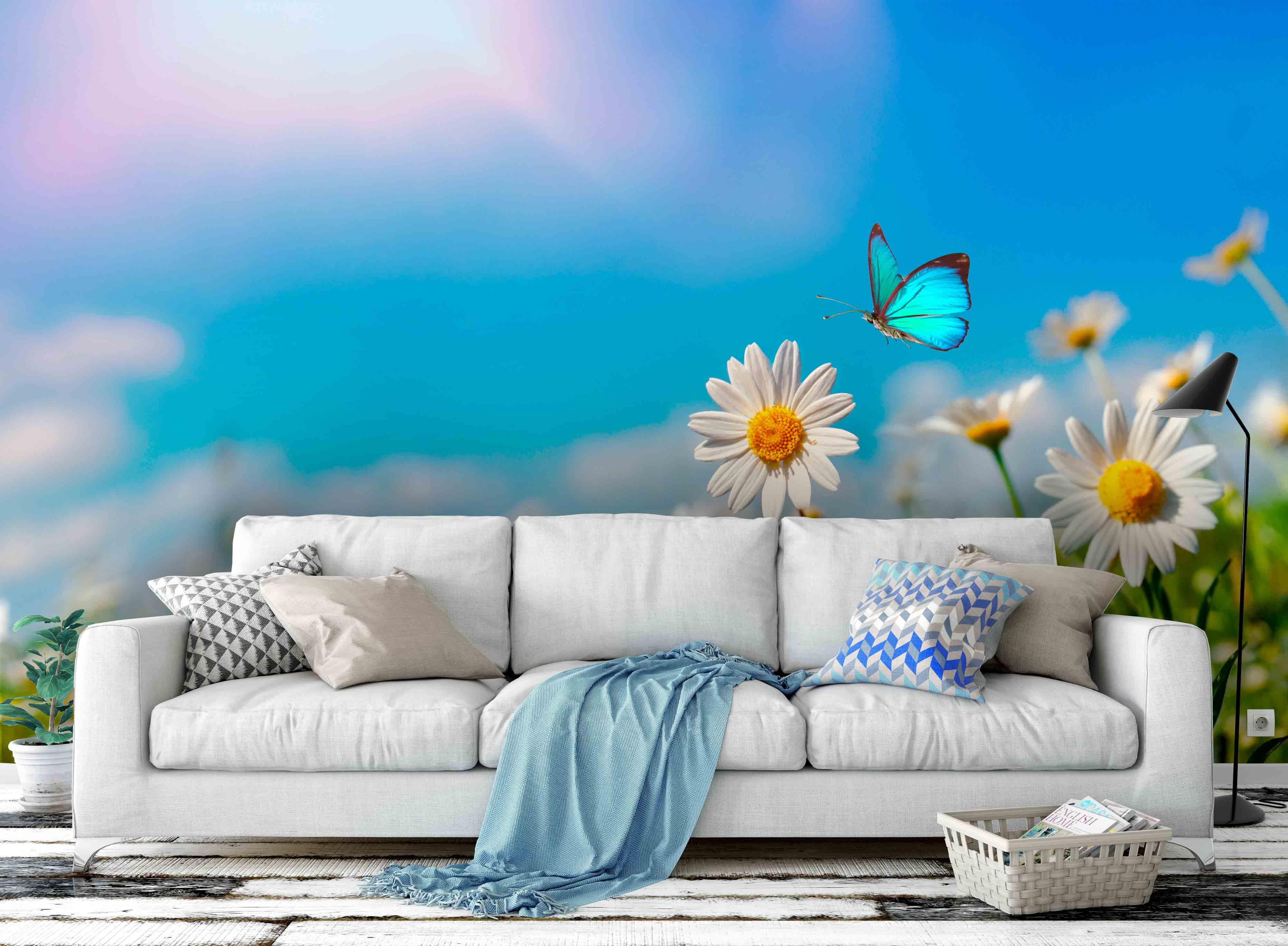 3D Blue Sky Flowers Butterflies  Wall Mural Wallpaper 148- Jess Art Decoration