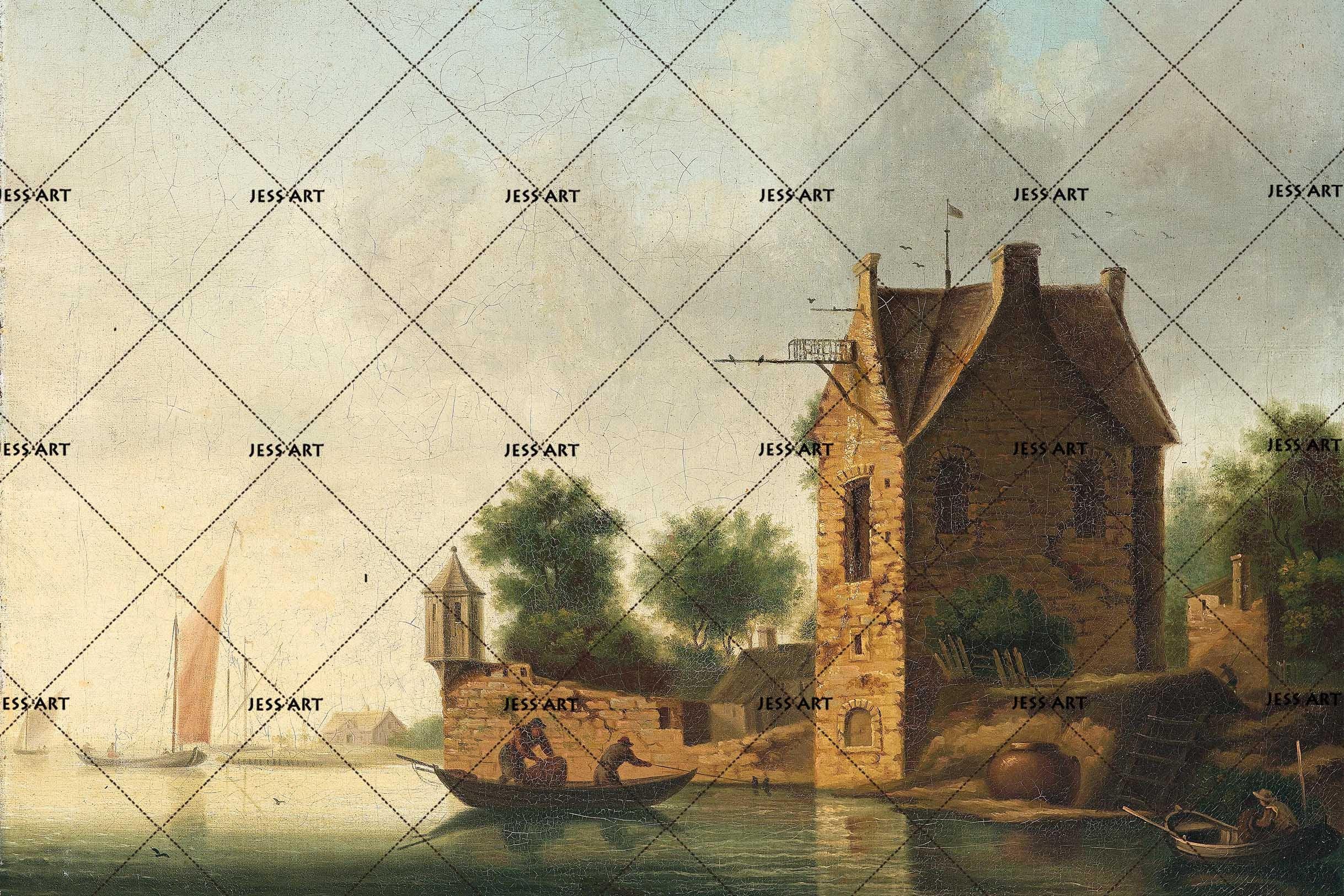 3D house trees river boat wall mural wallpaper 03- Jess Art Decoration