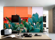 3D green cactus orange background mountain wall mural wallpaper 23- Jess Art Decoration