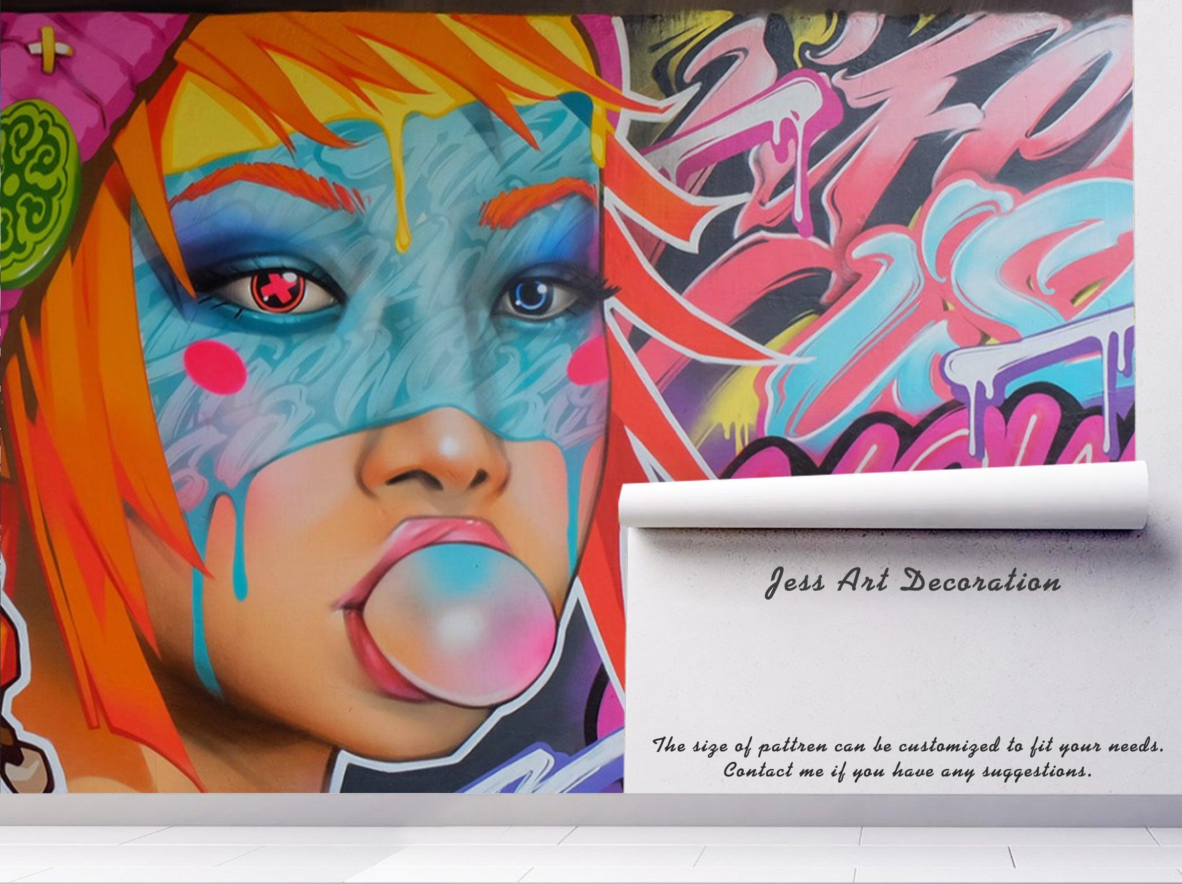 3D Young Girl Face Colorful Graffiti Wall Mural Wallpaper 260- Jess Art Decoration