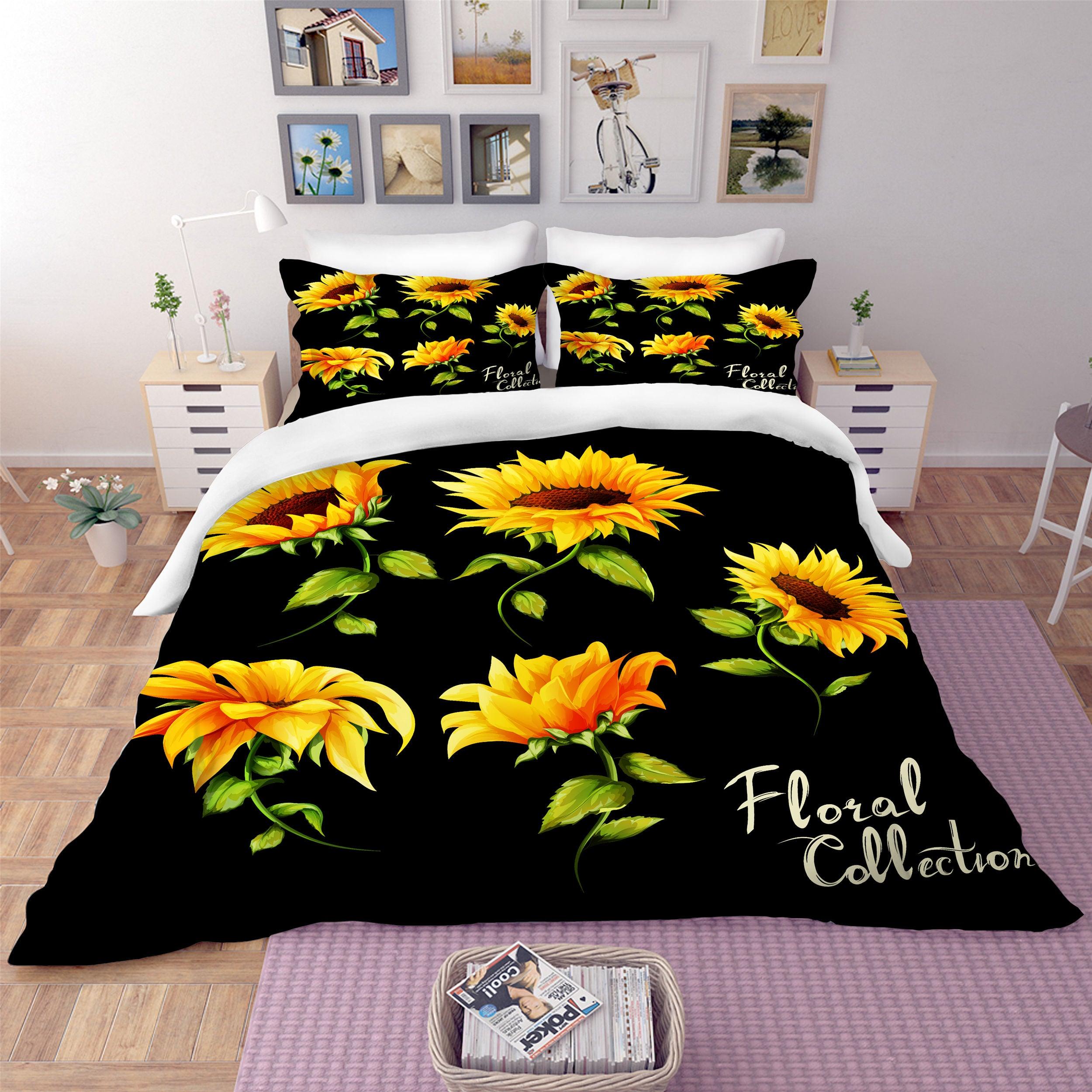 3D Sunflower Black Background Quilt Cover Set Bedding Set Pillowcases 105- Jess Art Decoration
