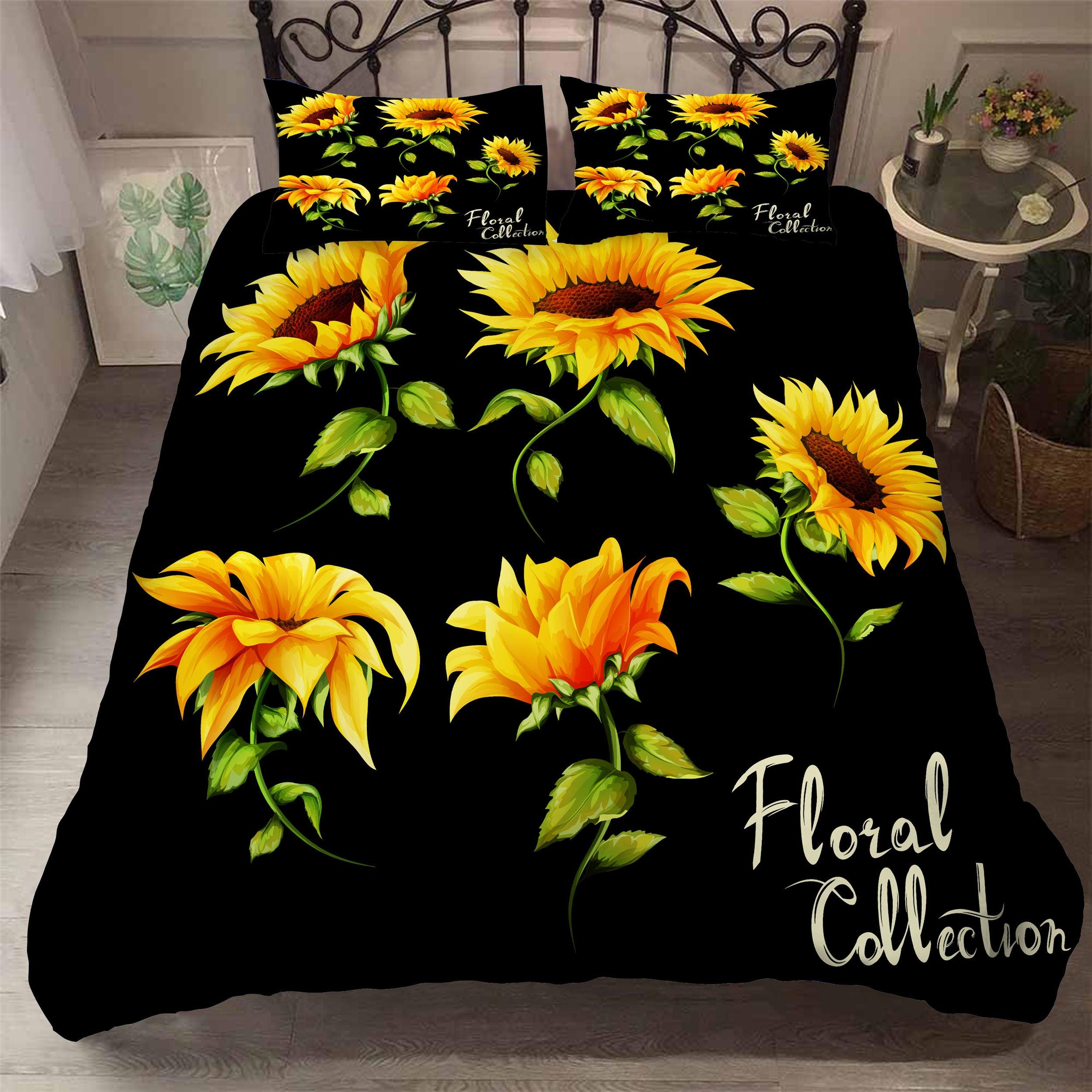 3D Sunflower Black Background Quilt Cover Set Bedding Set Pillowcases 105- Jess Art Decoration