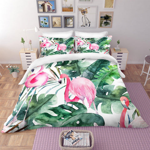 3D Green Palm Leaves Flamingo Quilt Cover Set Bedding Set Pillowcases 112- Jess Art Decoration