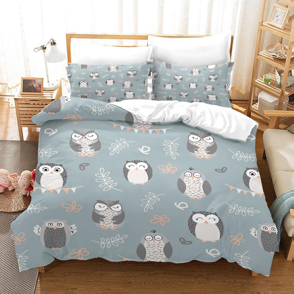3D Cartoon Owl Floral Leaves Quilt Cover Set Bedding Set Duvet Cover Pillowcases SF77- Jess Art Decoration
