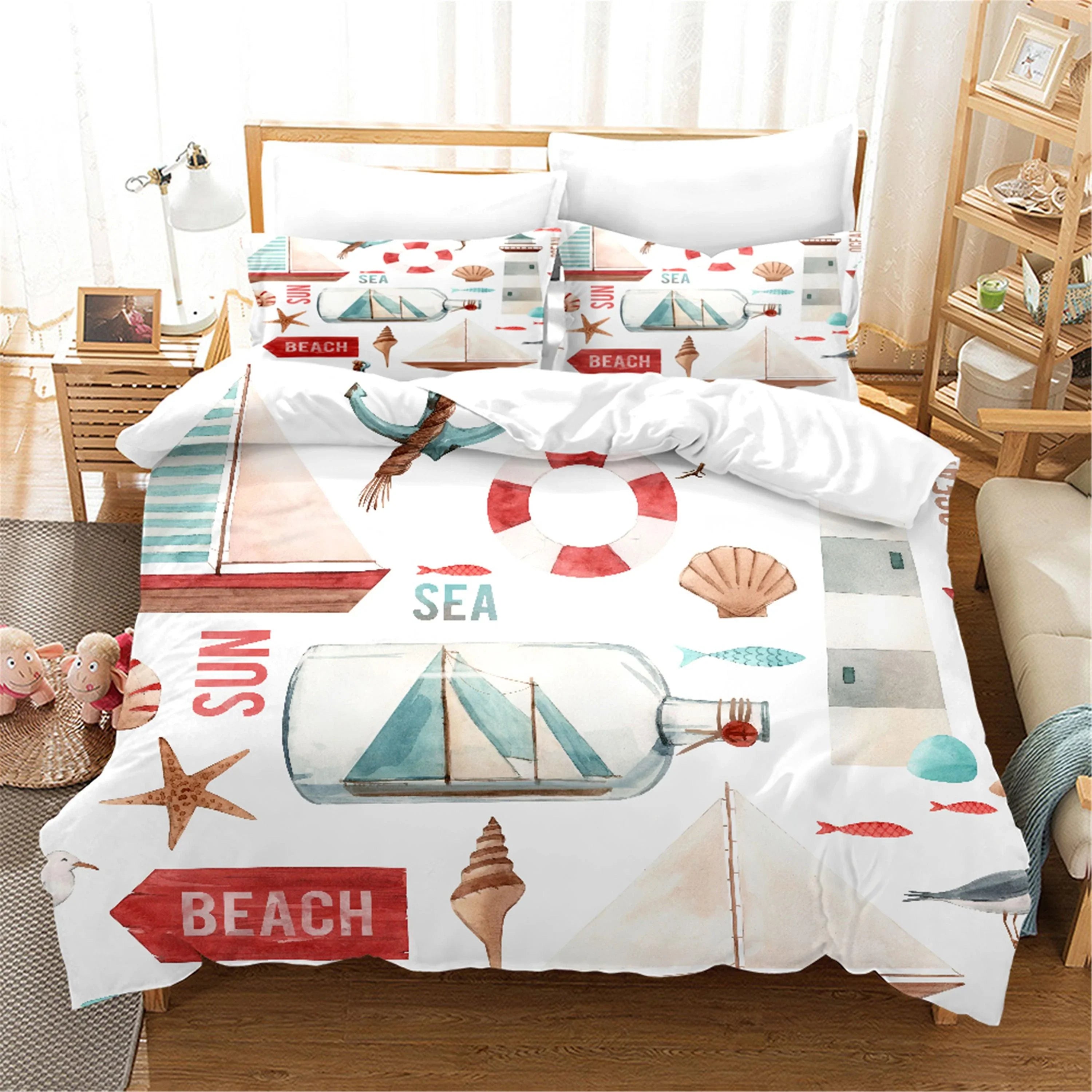 3D Anchor Drifting Bottle Shell Starfish Conch Lighthouse Sailboat Quilt Cover Set Bedding Set Duvet Cover Pillowcases SF- Jess Art Decoration