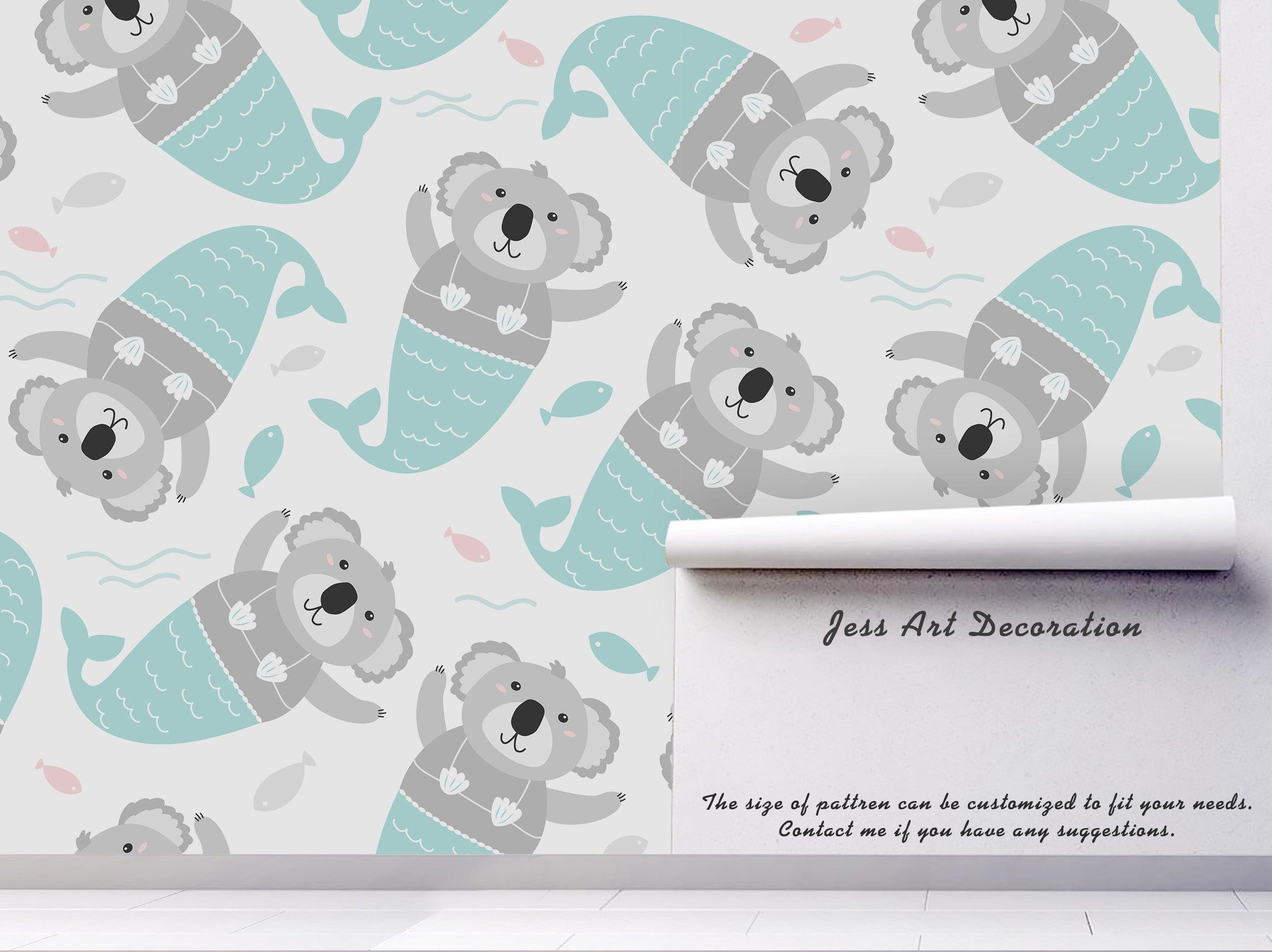 3D Cartoon Koala Mermaid Wall Mural Wallpaper A171 LQH- Jess Art Decoration