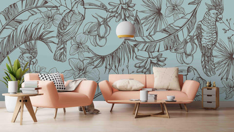 3D simple line drawing tropical plant leaves birds wall mural wallpaper 95- Jess Art Decoration
