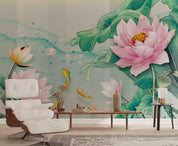 3D New Chinese Style Pink Lotus Leaf Pearl Gold Carp Wall Mural Wallpaper GD 2820- Jess Art Decoration