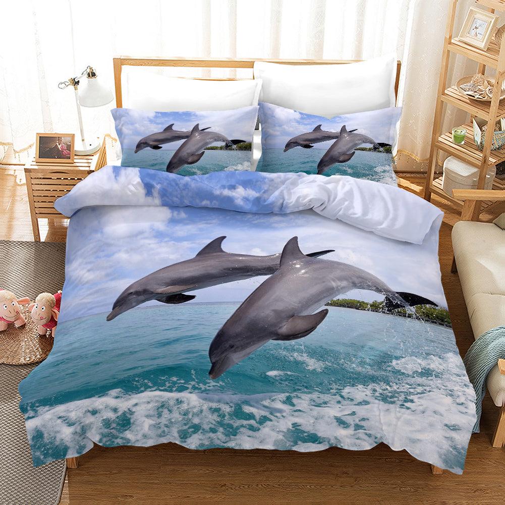 3D Blue Sky Sea Dolphin Quilt Cover Set Bedding Set Pillowcases 5- Jess Art Decoration