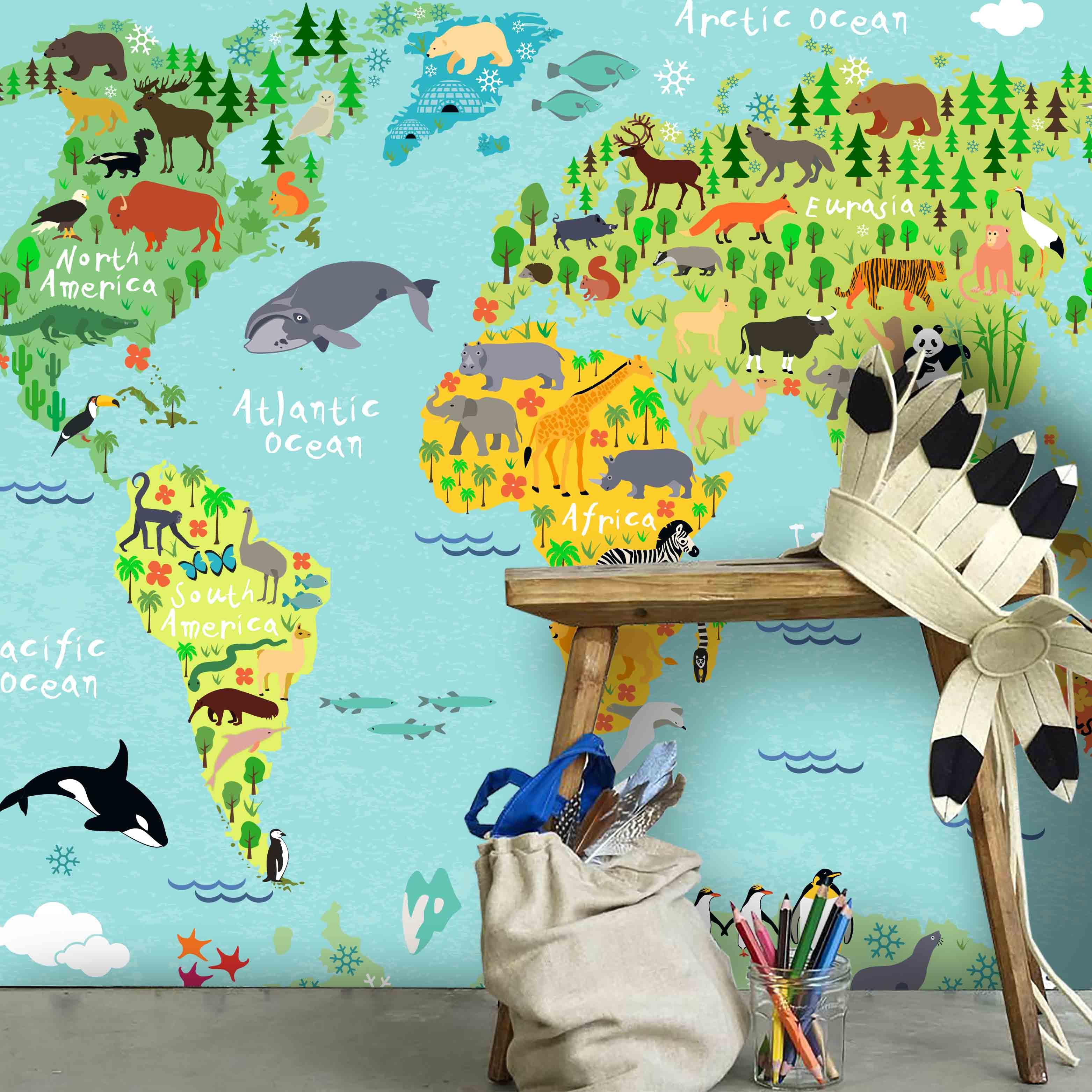 3D Color Cartoon World Map Wall Mural Wallpaper  4- Jess Art Decoration