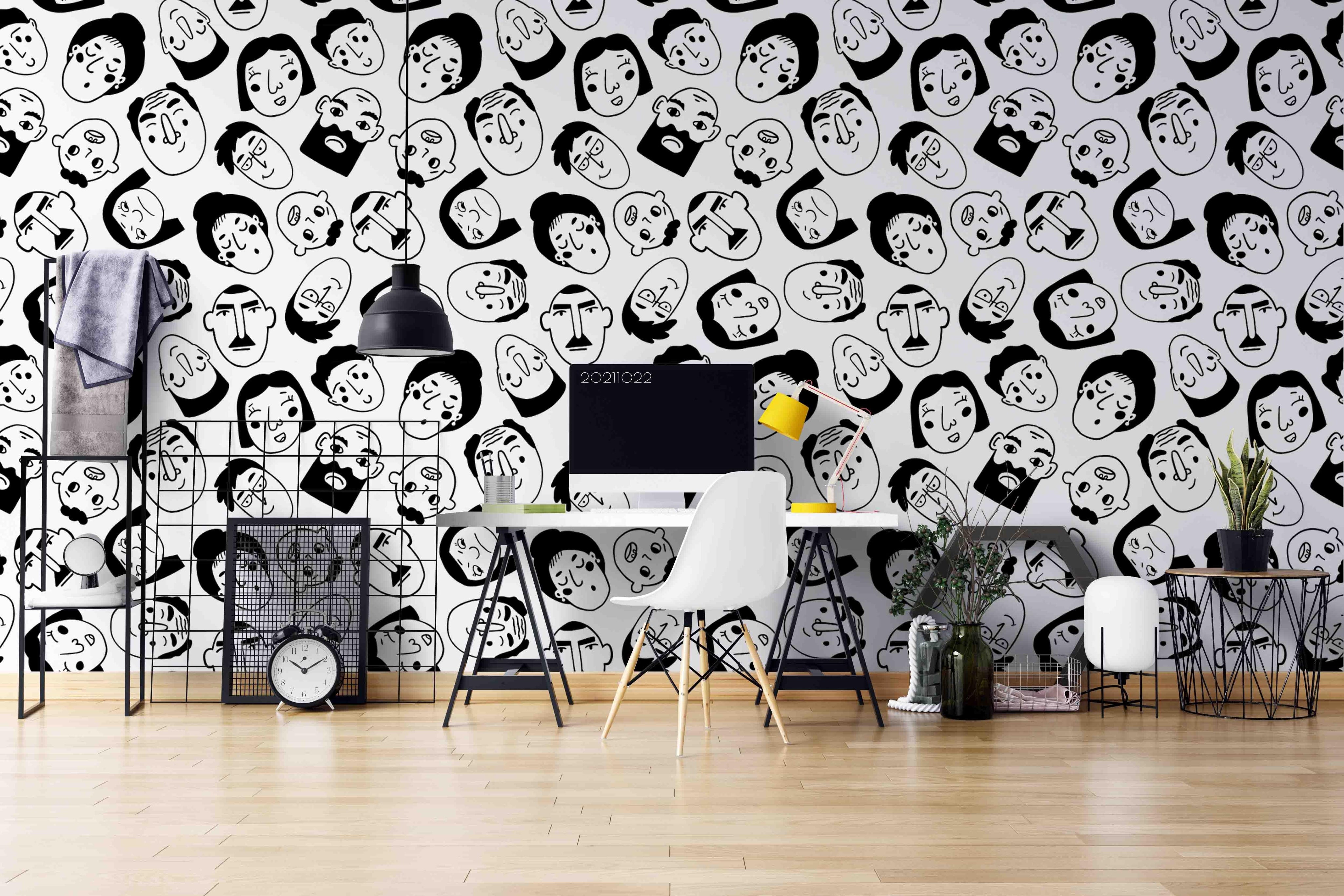 3D Avatar Face Pattern black white avatar face pattern wall mural wallpaper for office - view 3