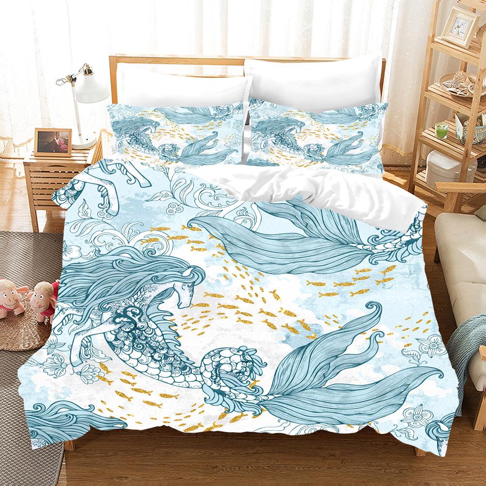 3D Blue Horse Face Mermaid Quilt Cover Set Bedding Set Pillowcases 79- Jess Art Decoration