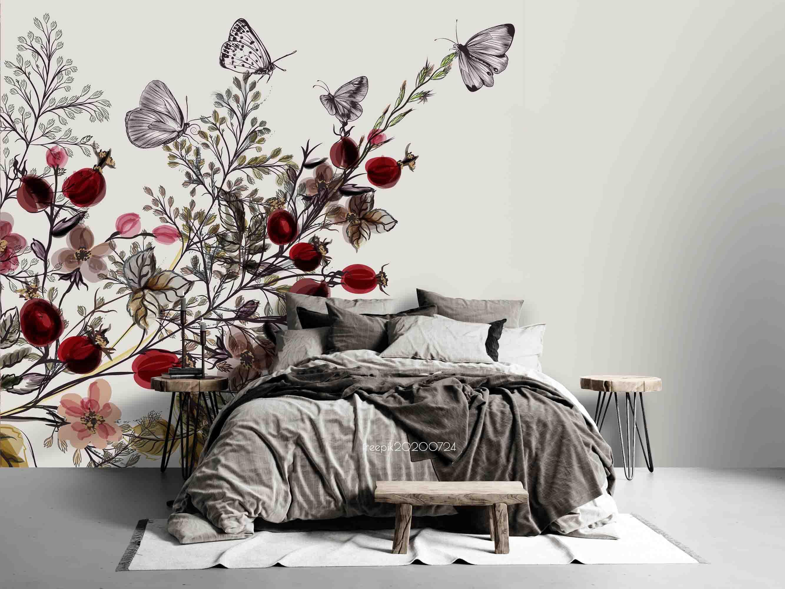 3D Vintage Hand Sketching Butterfly Floral Wall Mural Wallpaper LXL 571- Jess Art Decoration