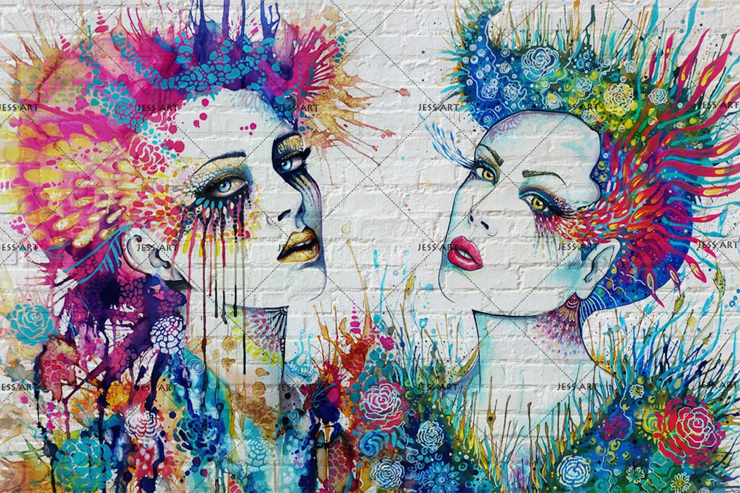 3D White Brick Graffiti Faces colourful graffiti face mural wall mural wallpaper for living room - view 3