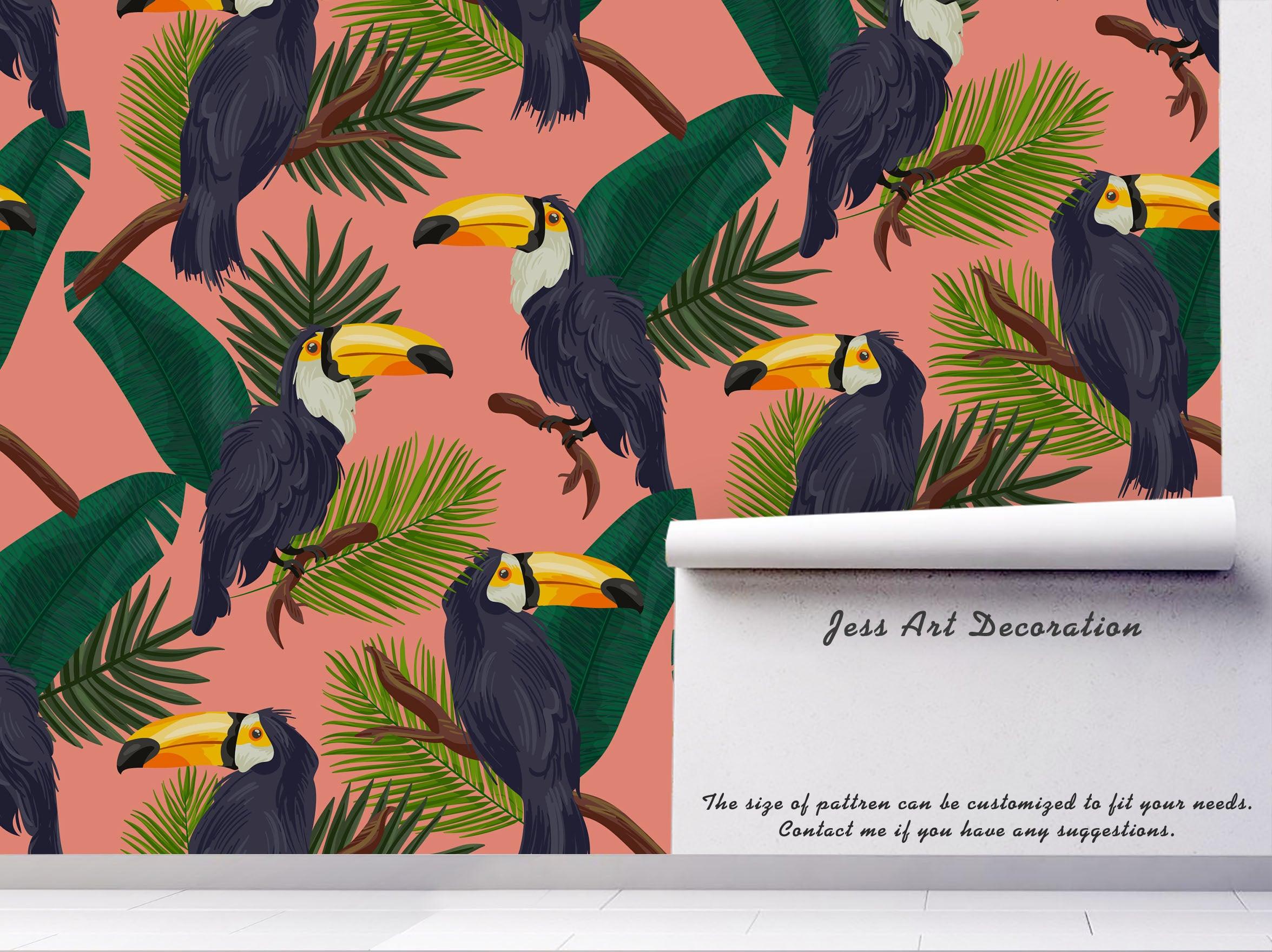 3D Green Leaf Long Beaked Bird Pink Wall Mural Wallpaper 6- Jess Art Decoration