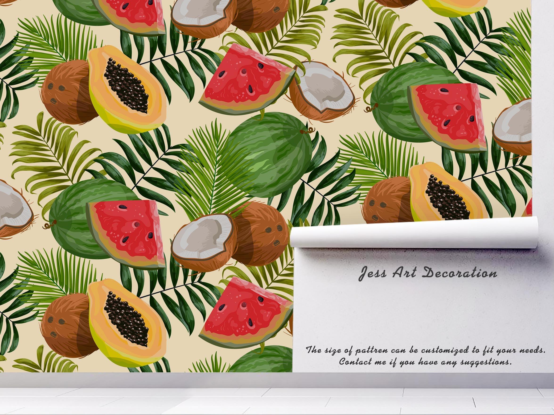 3D Papaya Watermelon Coconut Leaves Wall Mural Wallpaper 8- Jess Art Decoration