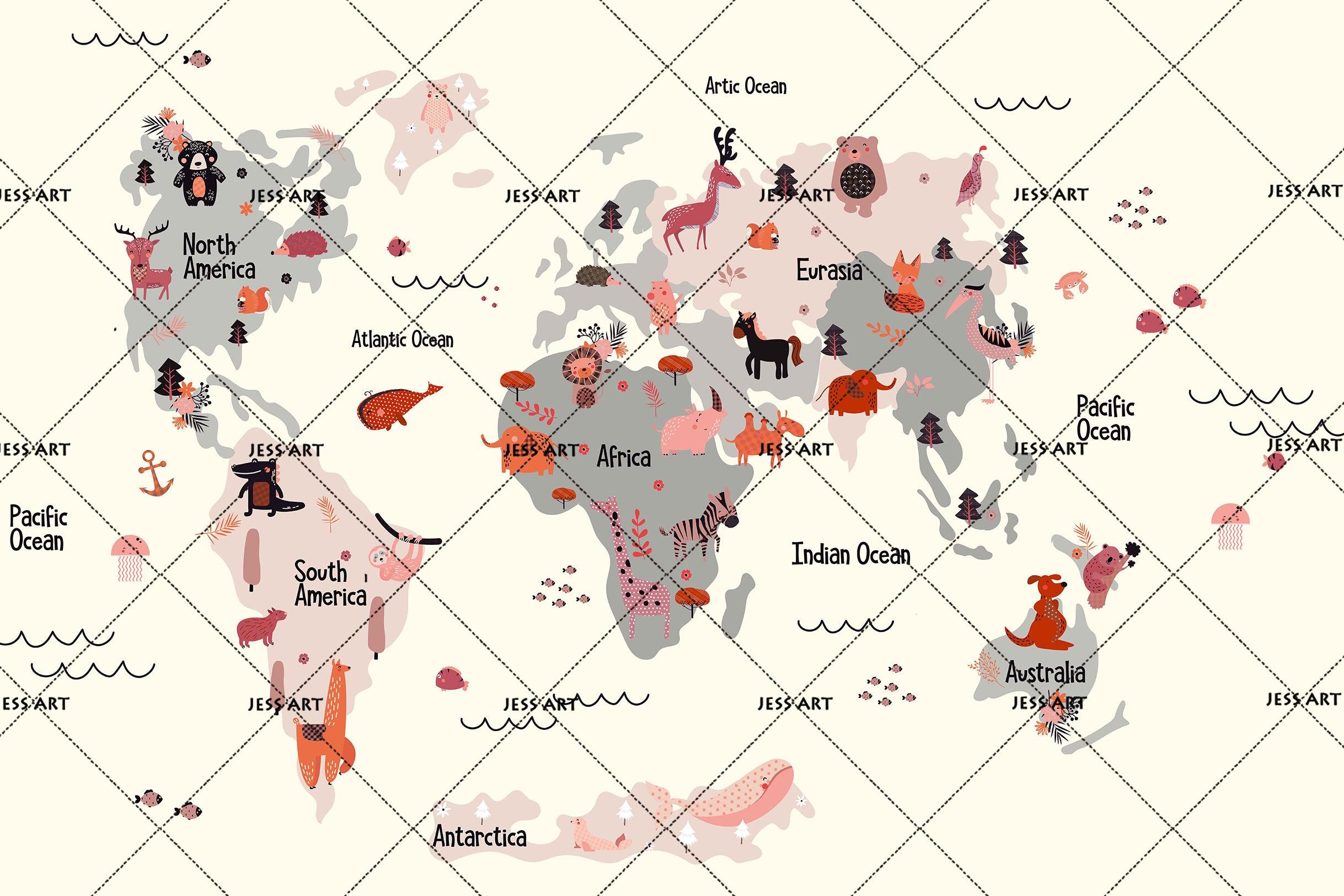 3D Cartoon World Map Wall Mural Wallpaper SF138- Jess Art Decoration