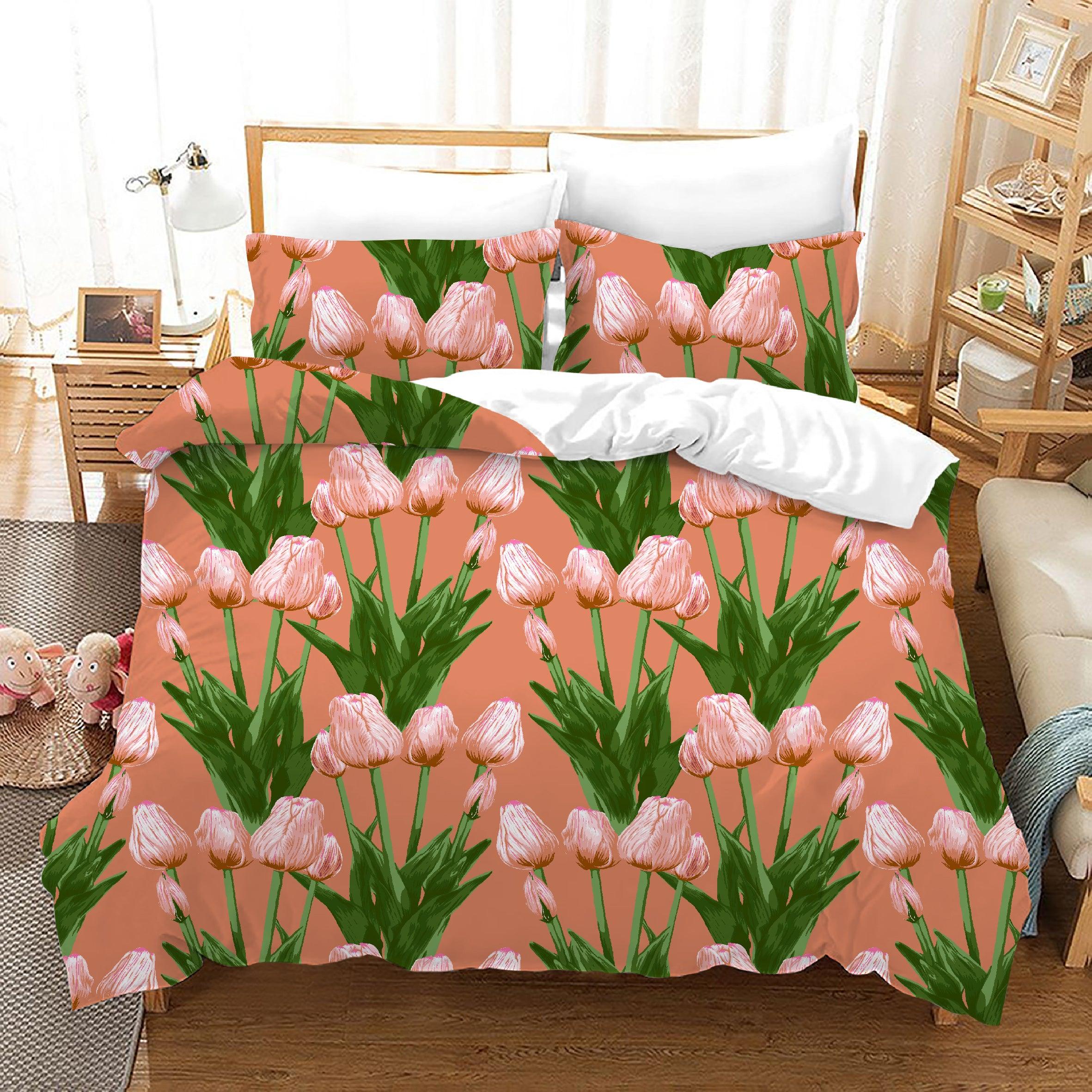 3D Hand Drawn Pink Tulip Floral Quilt Cover Set Bedding Set Duvet Cover Pillowcases 166- Jess Art Decoration