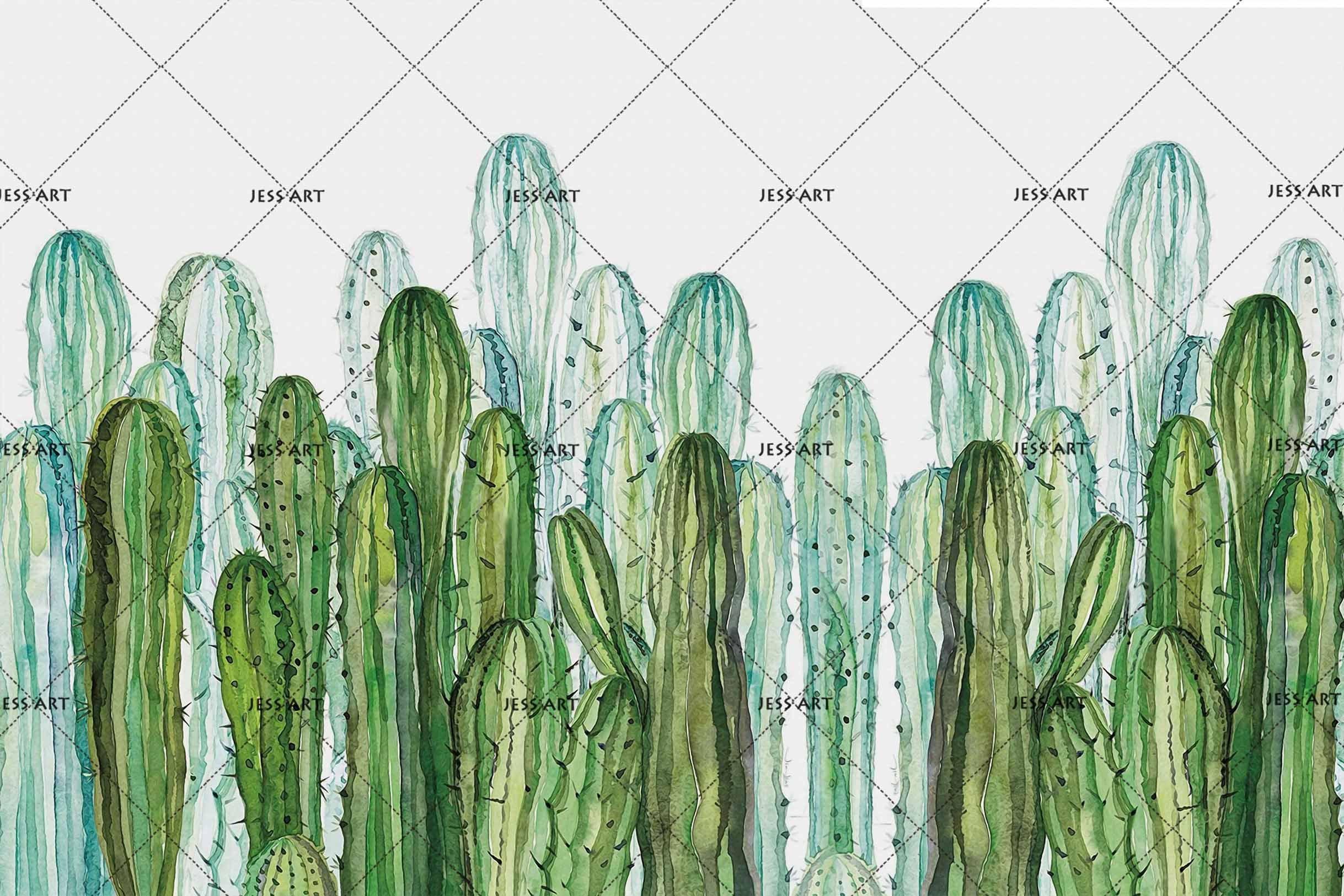 3D Hand Drawn Green Cactus Wall Mural Wallpaper LQH 168- Jess Art Decoration
