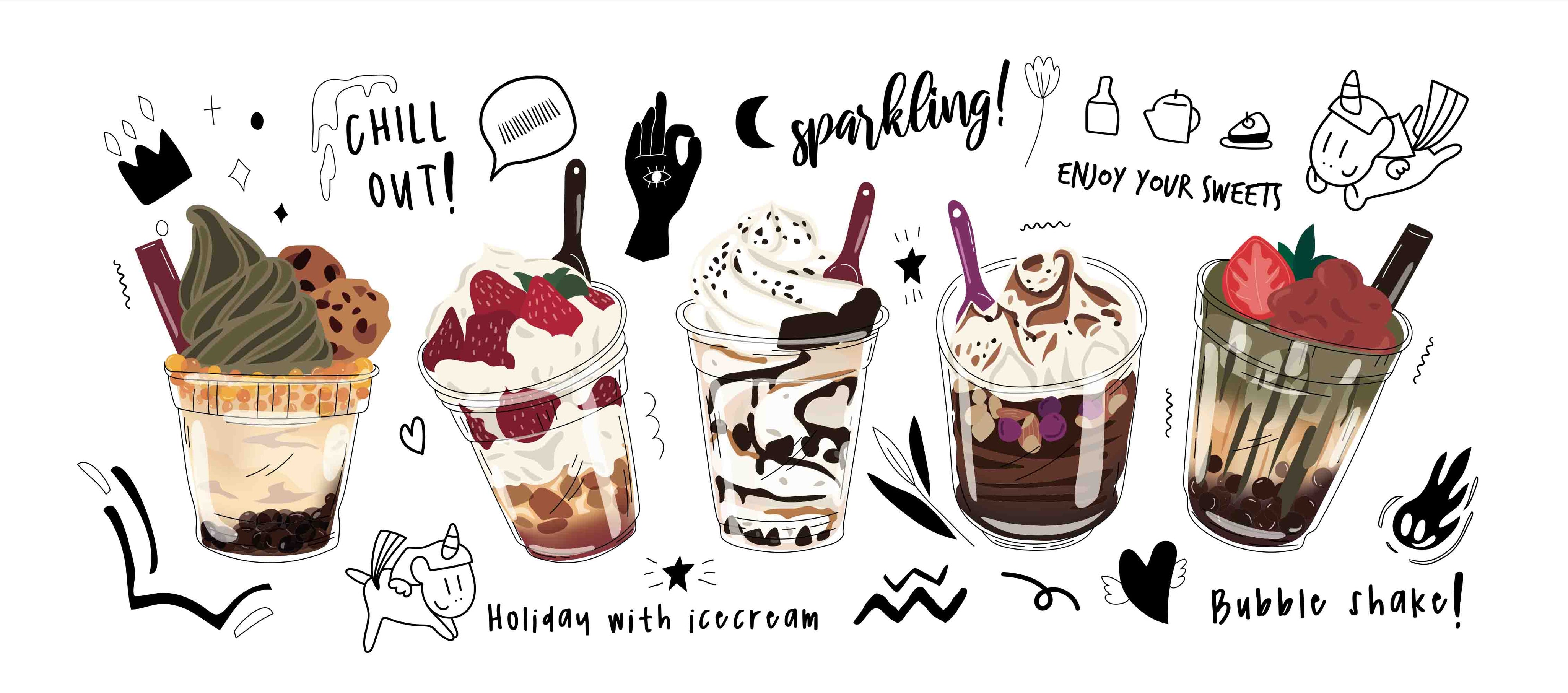 3D Cartoon Ice Cream Bubble Tea Pearl Tea Milk Tea Shop Wall Mural Wallpaper JN 34- Jess Art Decoration