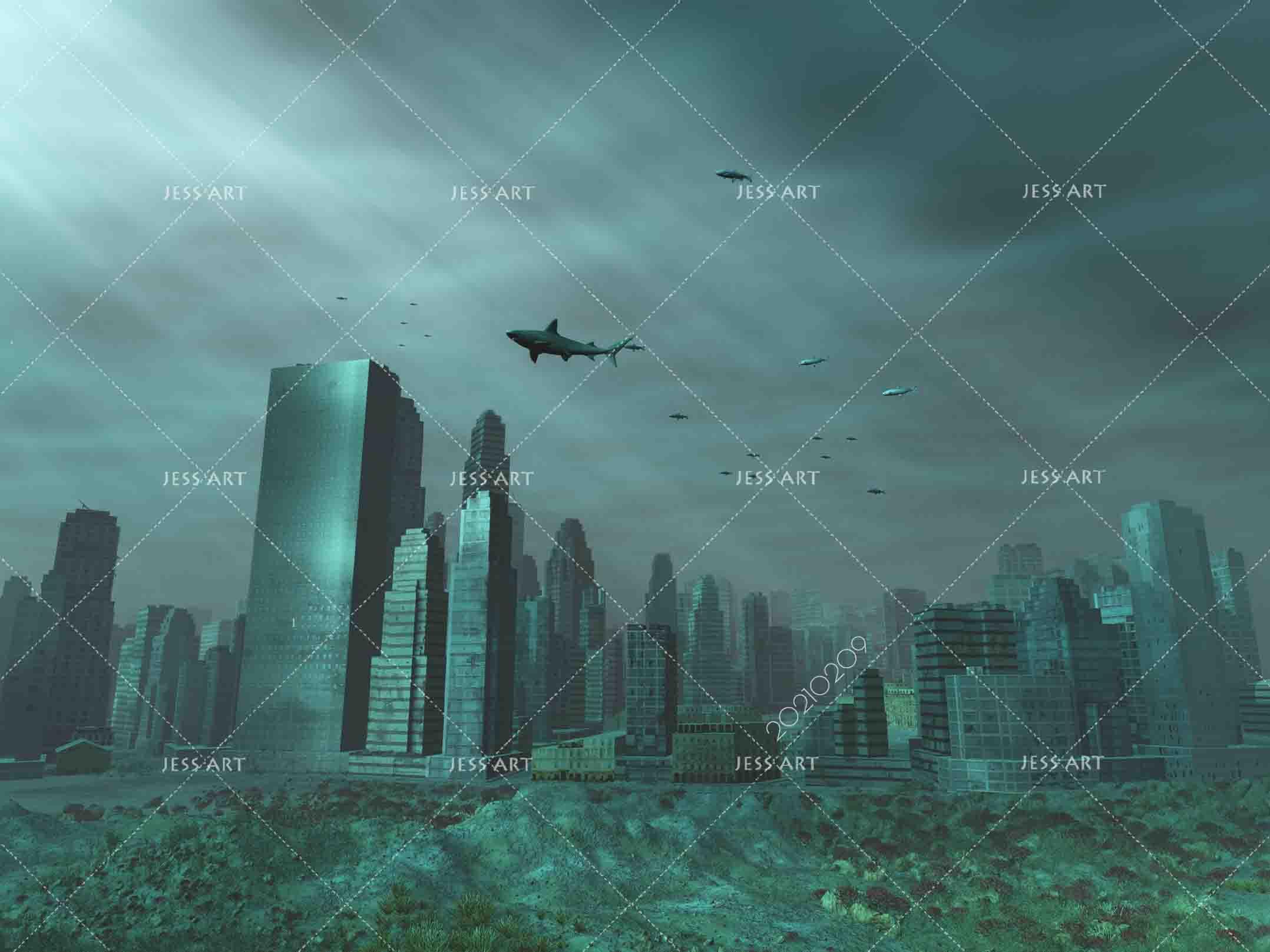 3D Abstract Sea Whale Urban Architecture Wall Mural Wallpaper LQH 74- Jess Art Decoration