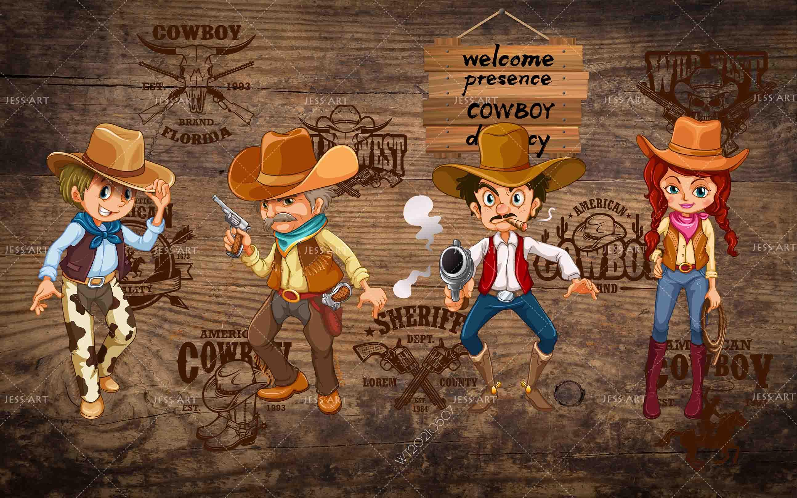 3D Cartoon Western Cowboy Wall Mural Wallpaper LQH 127- Jess Art Decoration