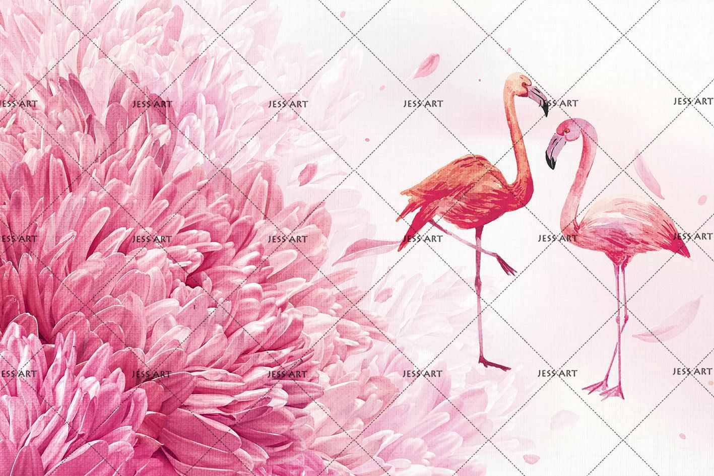 3D Red Pink Flamingo Flowers Wall Mural Wallpaper SF85- Jess Art Decoration