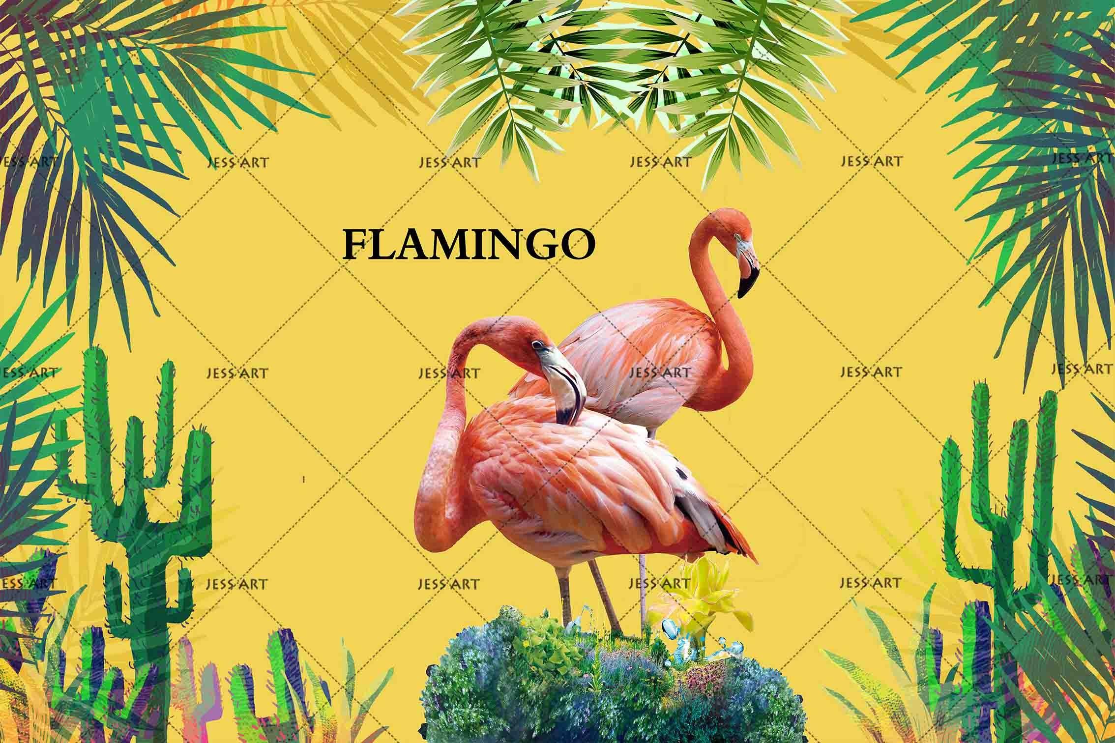 3D Watercolor Pink Flamingo Cactus Wall Mural Wallpaper 50- Jess Art Decoration