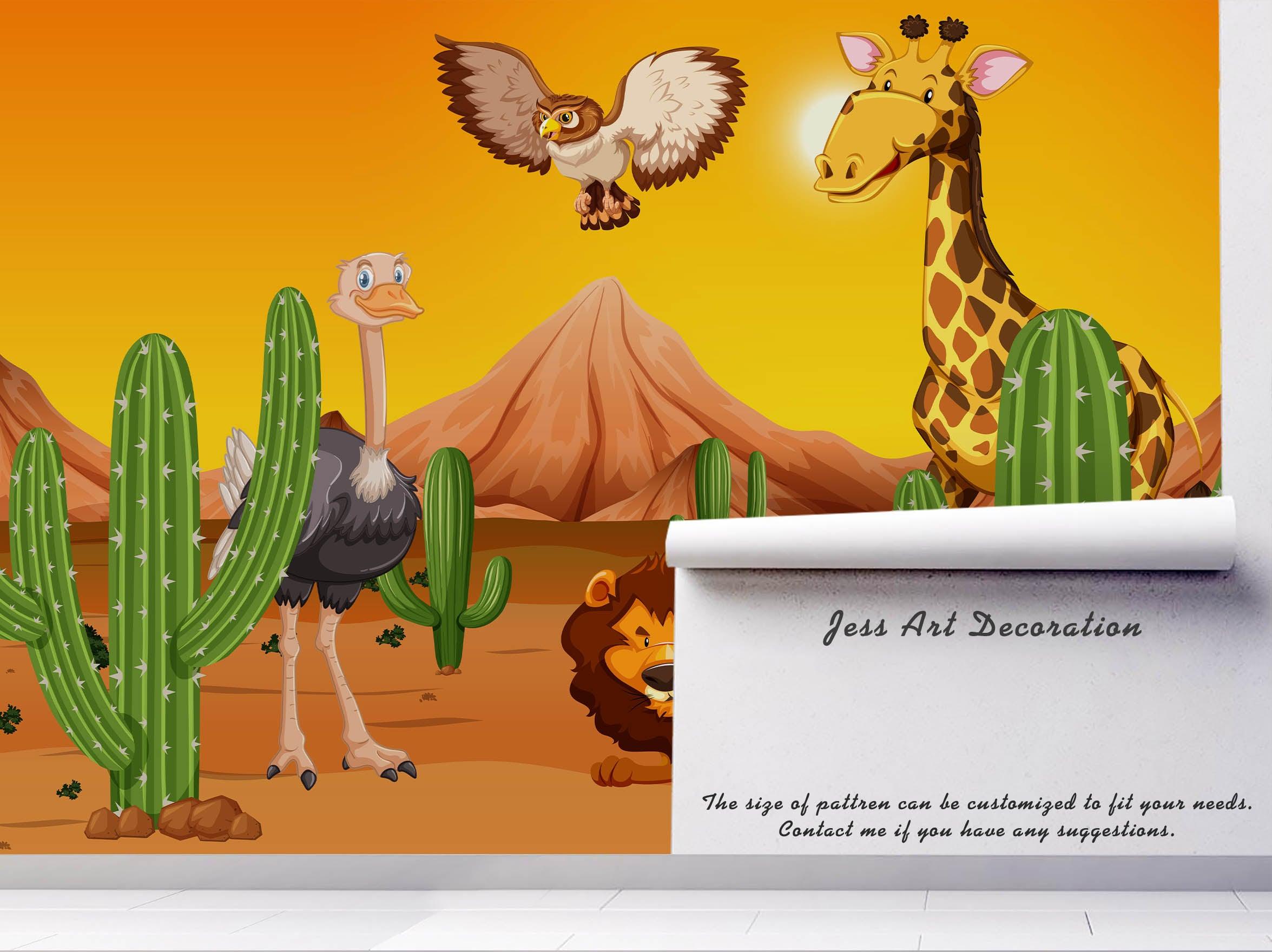 3D cartoon giraffe ostrich cactus wall mural wallpaper 66- Jess Art Decoration