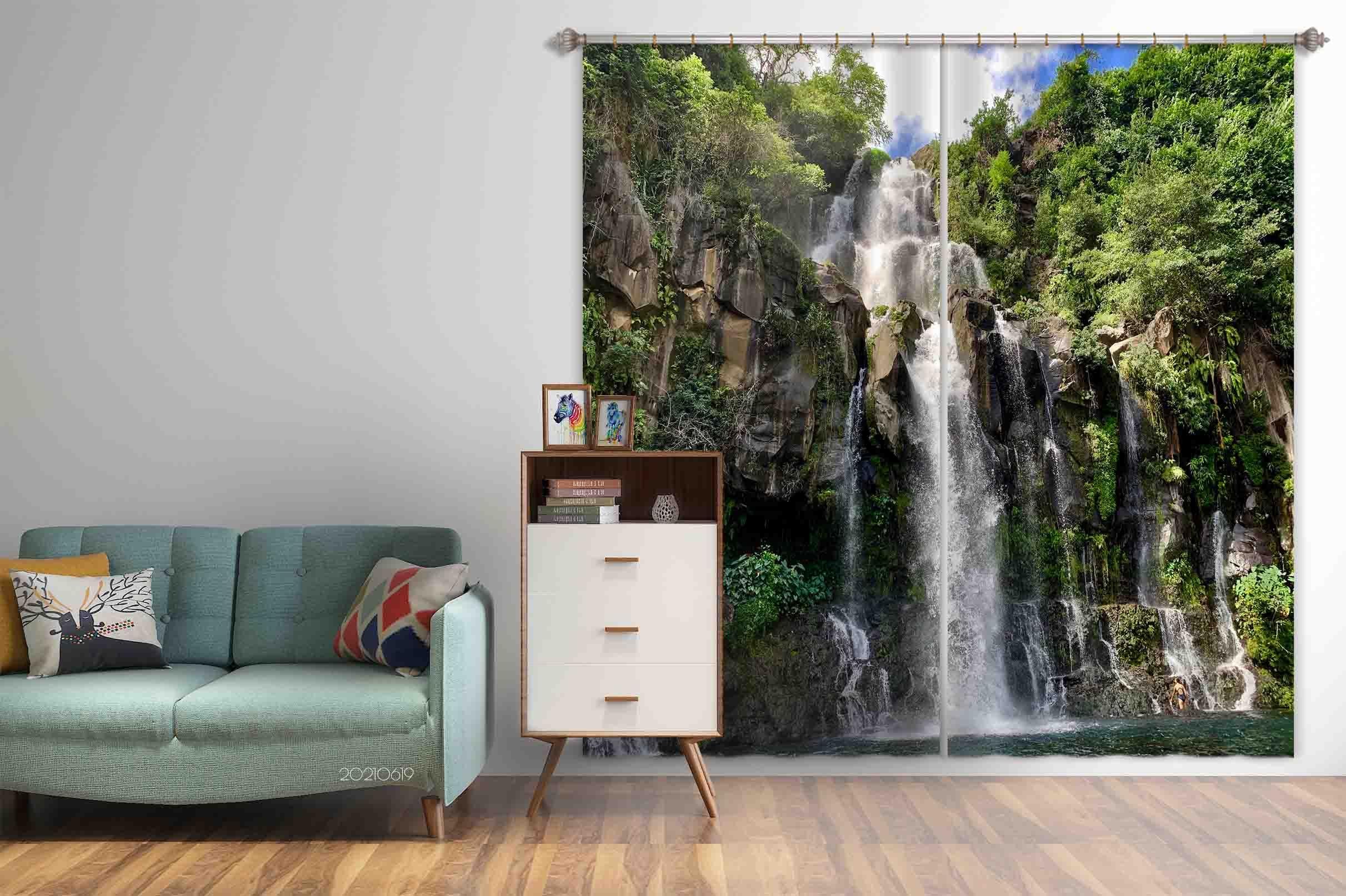 3D Mountain Stream Waterfall Rock Plant Tree Landscape Curtains and Drapes LLL 546- Jess Art Decoration