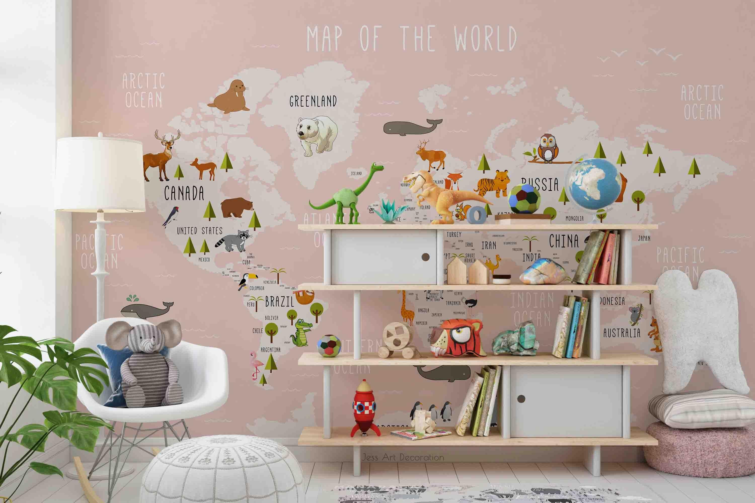 3D Cartoon Animal World Map Wall Mural Wallpaper sww 272- Jess Art Decoration