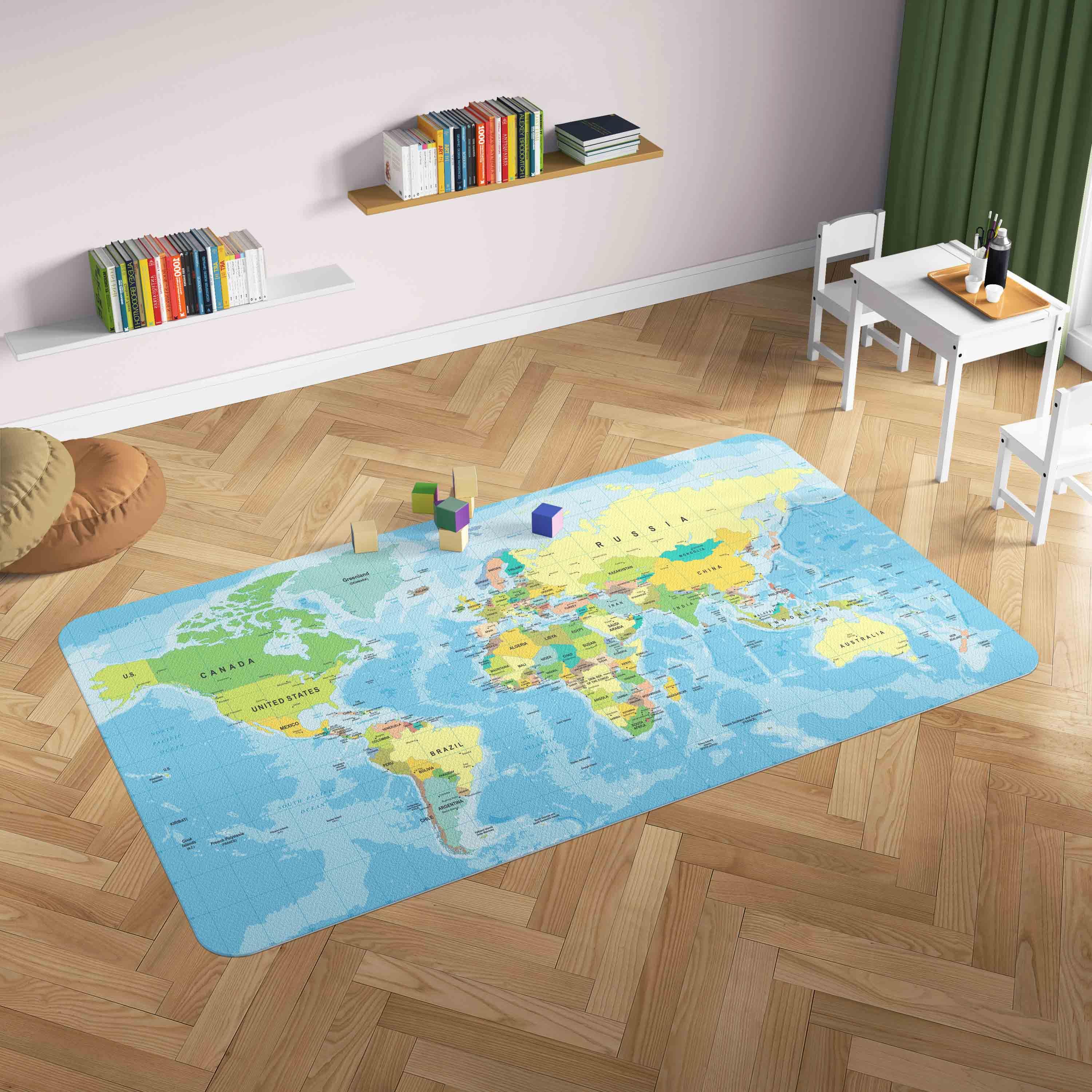 3D World Map Blue Non-Slip Rug Mat 180- Jess Art Decoration