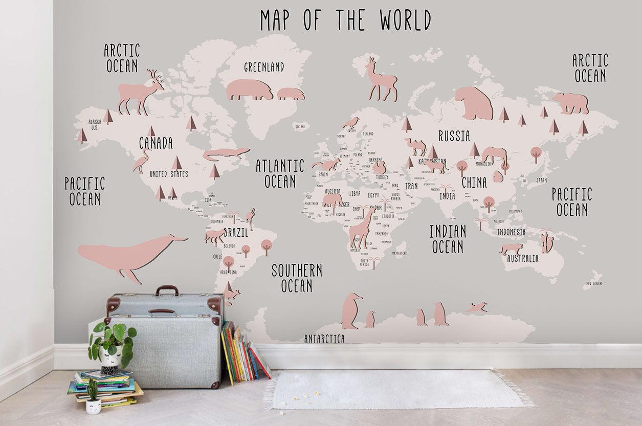 3D Pink Animals World Map Wall Mural Wallpaper 30- Jess Art Decoration