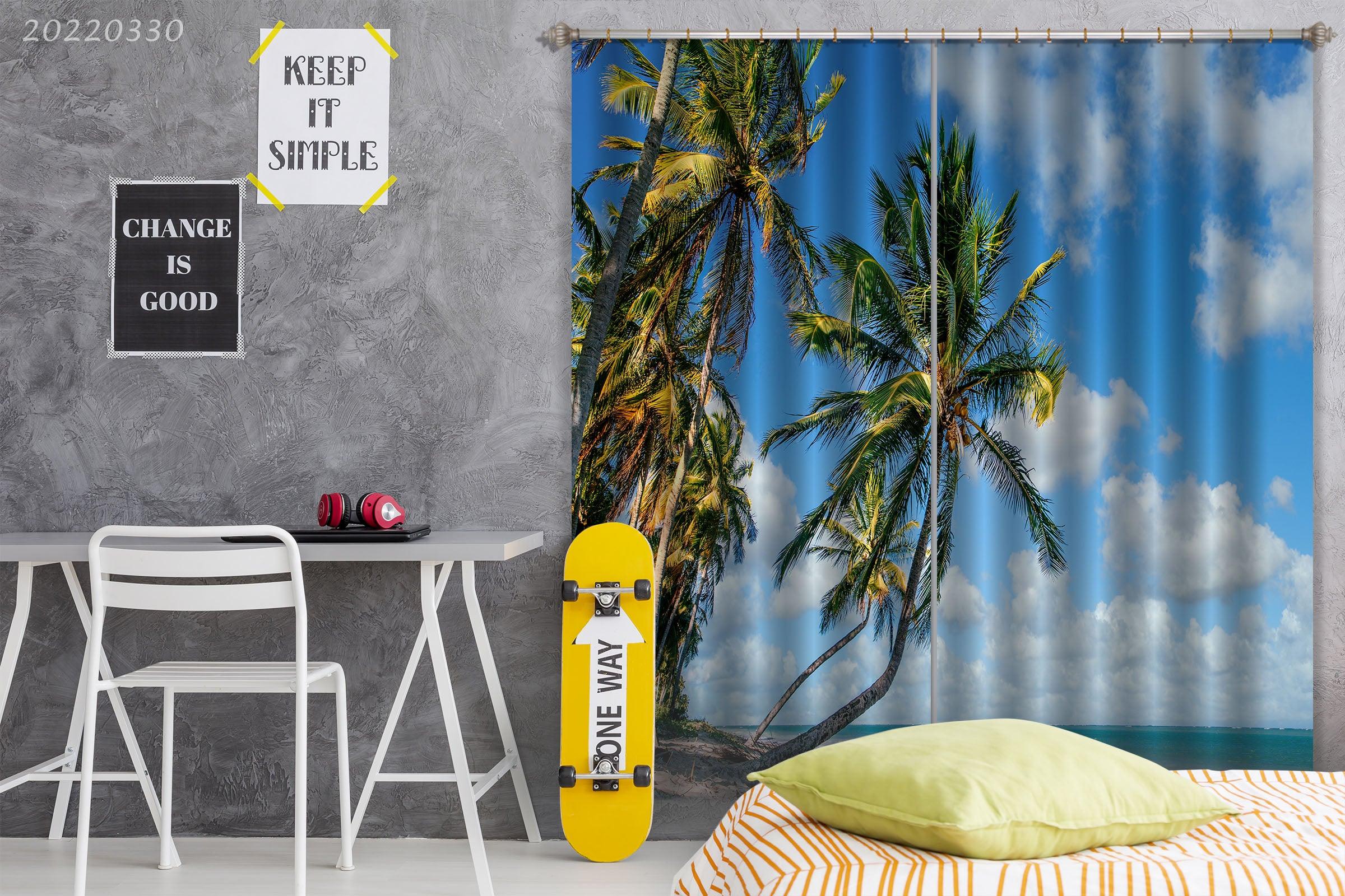 3D Tropical Coconut Tree Coastal Cloud Blue Sky Curtains and Drapes GD 3709- Jess Art Decoration