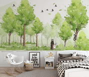 3D Watercolor Green Forest Bear Birds Wall Mural 254- Jess Art Decoration