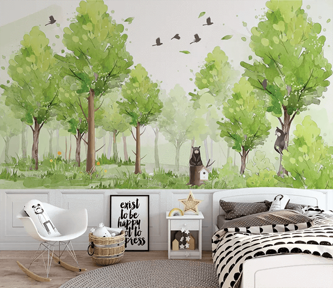 3D Watercolor Green Forest Bear Birds Wall Mural 254- Jess Art Decoration