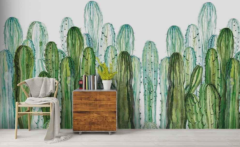 3D Hand Drawn Green Cactus Wall Mural Wallpaper LQH 168- Jess Art Decoration