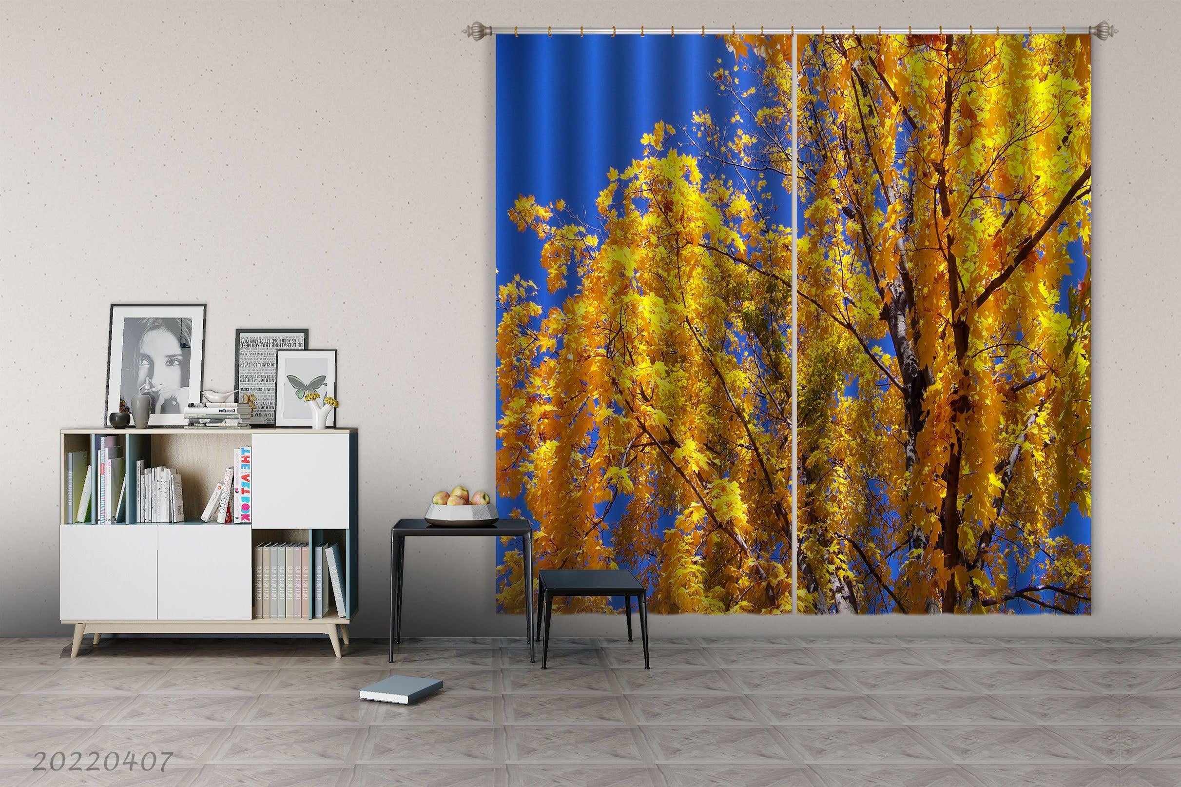 3D Tree Sunshine Golden Leaf Blue Sky Curtains and Drapes GD 3469- Jess Art Decoration