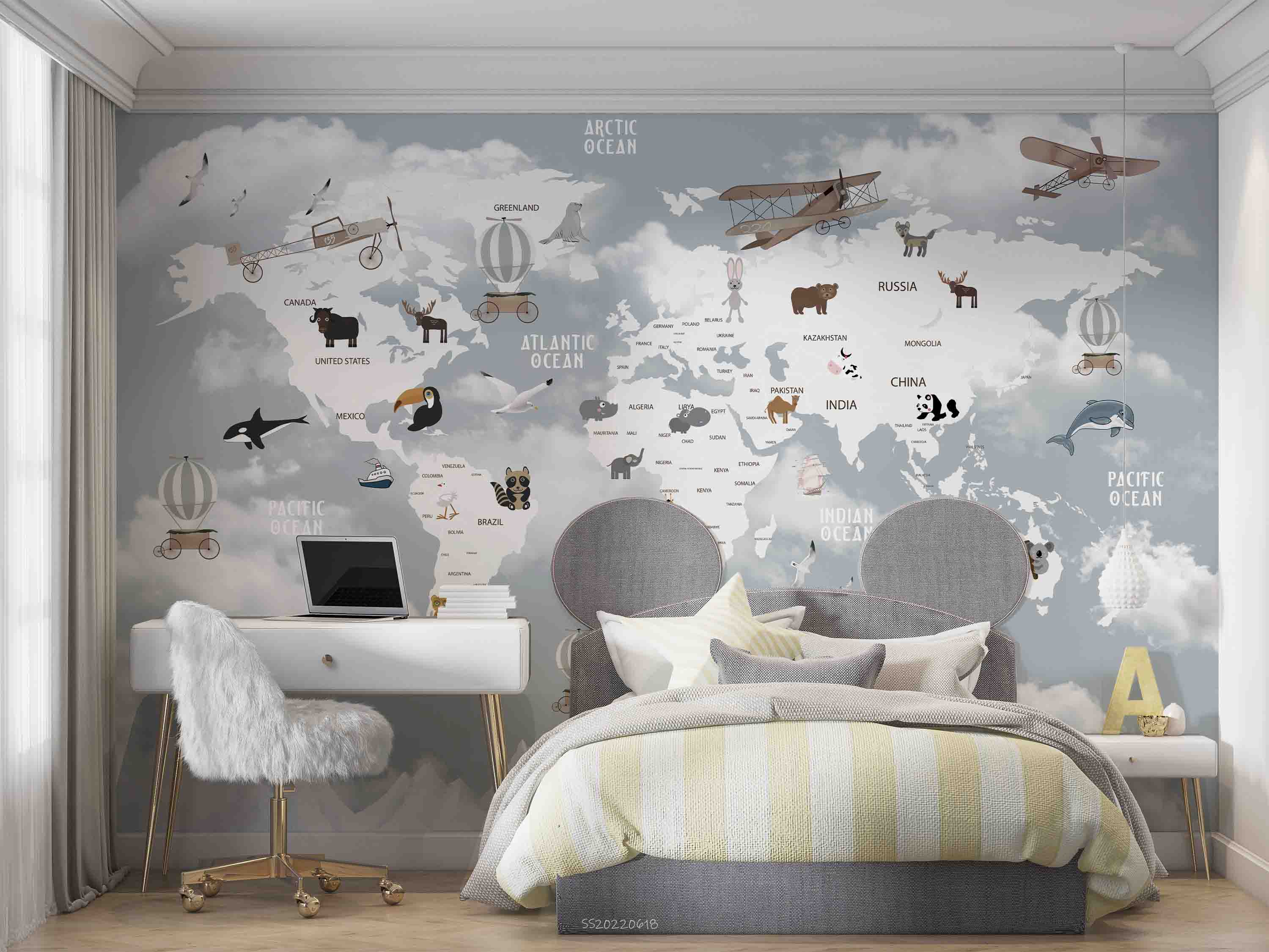 3D World Map Cartoon Animal Aircraft Wall Mural Wallpaper GD 862- Jess Art Decoration