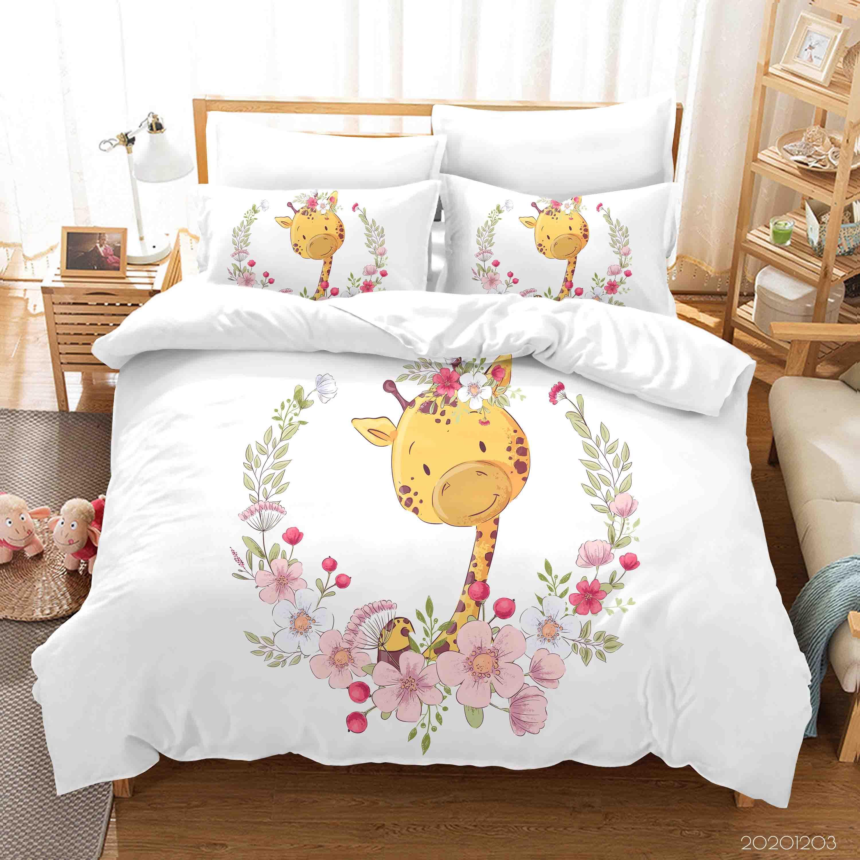 3D Cartoon Hand Drawn Pink Floral Plant Giraffe Animal Quilt Cover Set Bedding Set Duvet Cover Pillowcases LXL- Jess Art Decoration