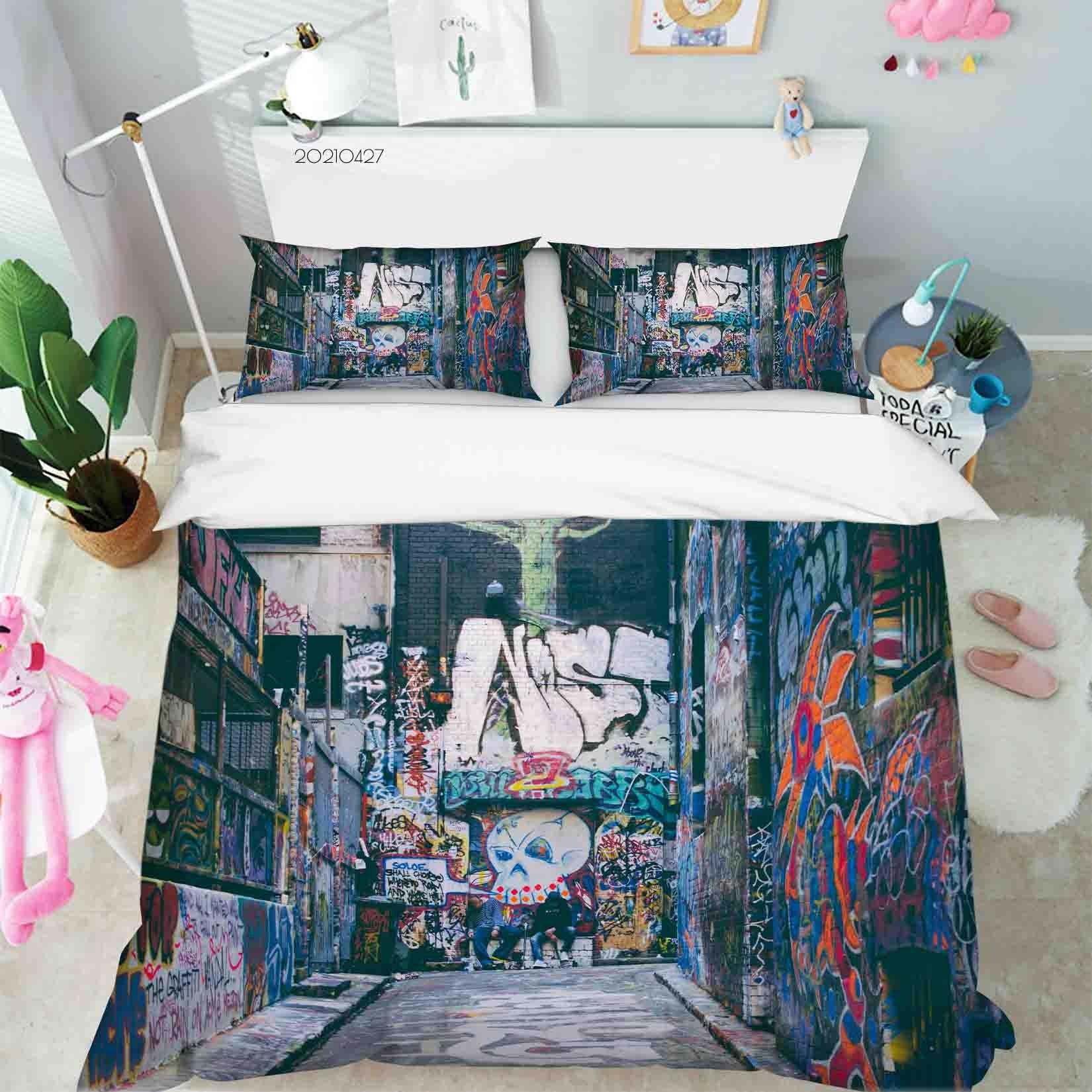 3D Abstract Colored Street Graffiti Quilt Cover Set Bedding Set Duvet Cover Pillowcases 130- Jess Art Decoration